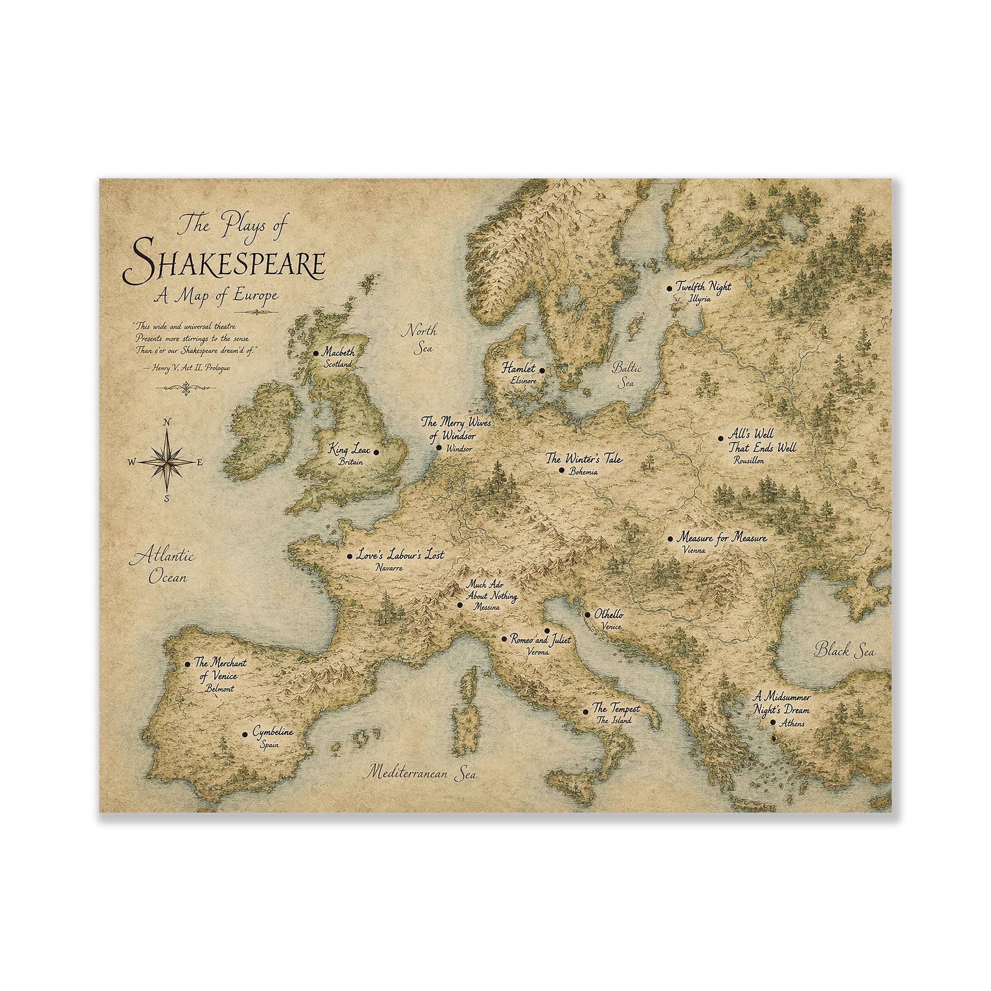 Shakespeare Plays Map of Europe Wall Art Print | Literary Poster | English Teacher Gift | Classroom Home Decor