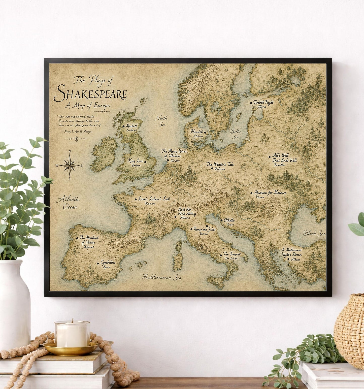 Shakespeare Plays Map of Europe Wall Art Print | Literary Poster | English Teacher Gift | Classroom Home Decor