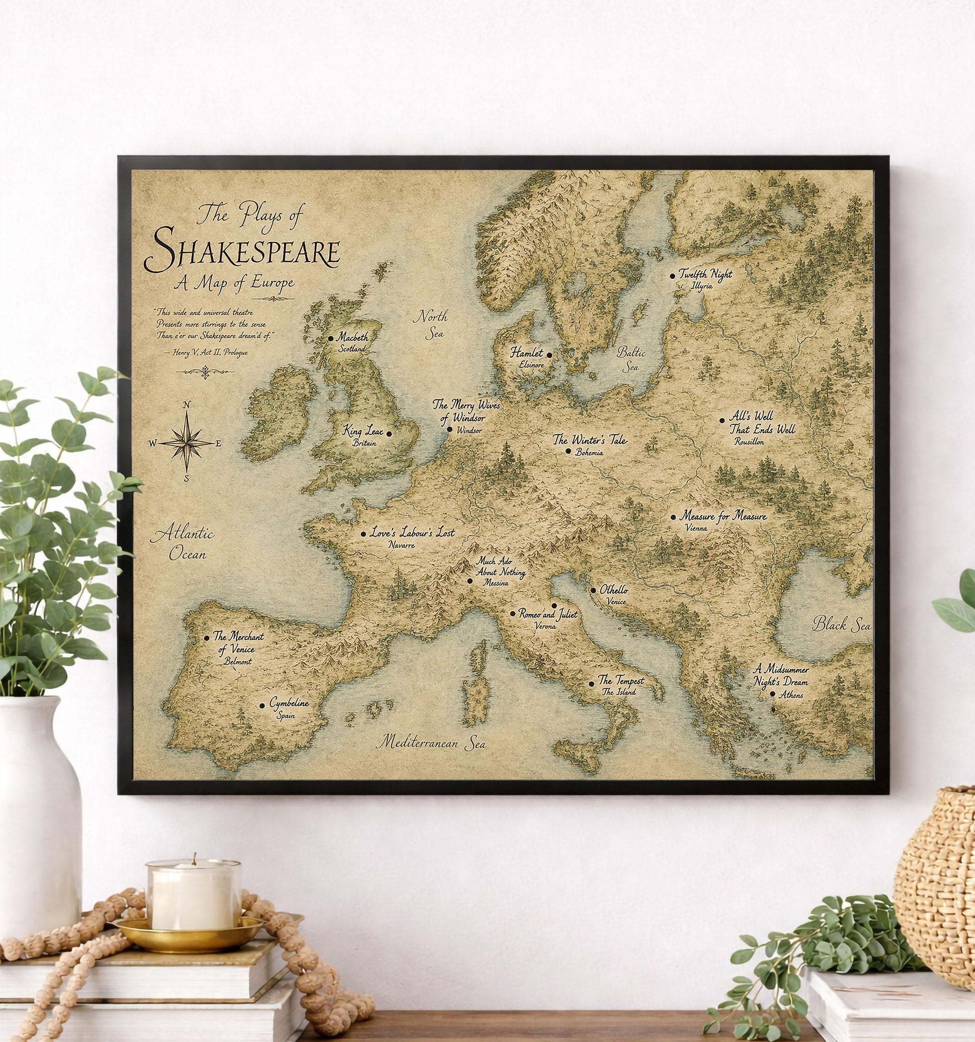 Shakespeare Plays Map of Europe Wall Art Print | Literary Poster | English Teacher Gift | Classroom Home Decor