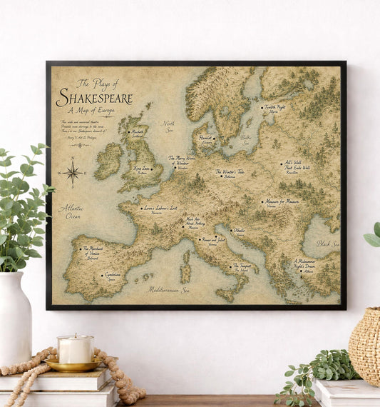 Shakespeare Plays Map of Europe Wall Art Print | Literary Poster | English Teacher Gift | Classroom Home Decor