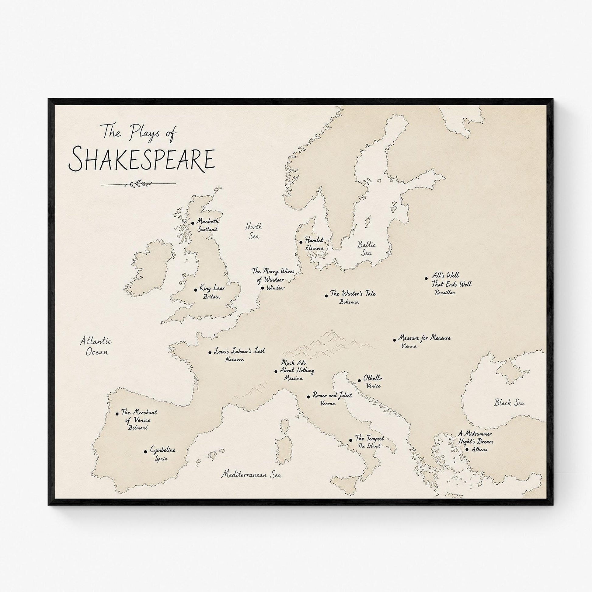 Shakespeare Plays Map of Europe Wall Art Print | Literary Poster | English Teacher Gift | Classroom Simple Home Decor