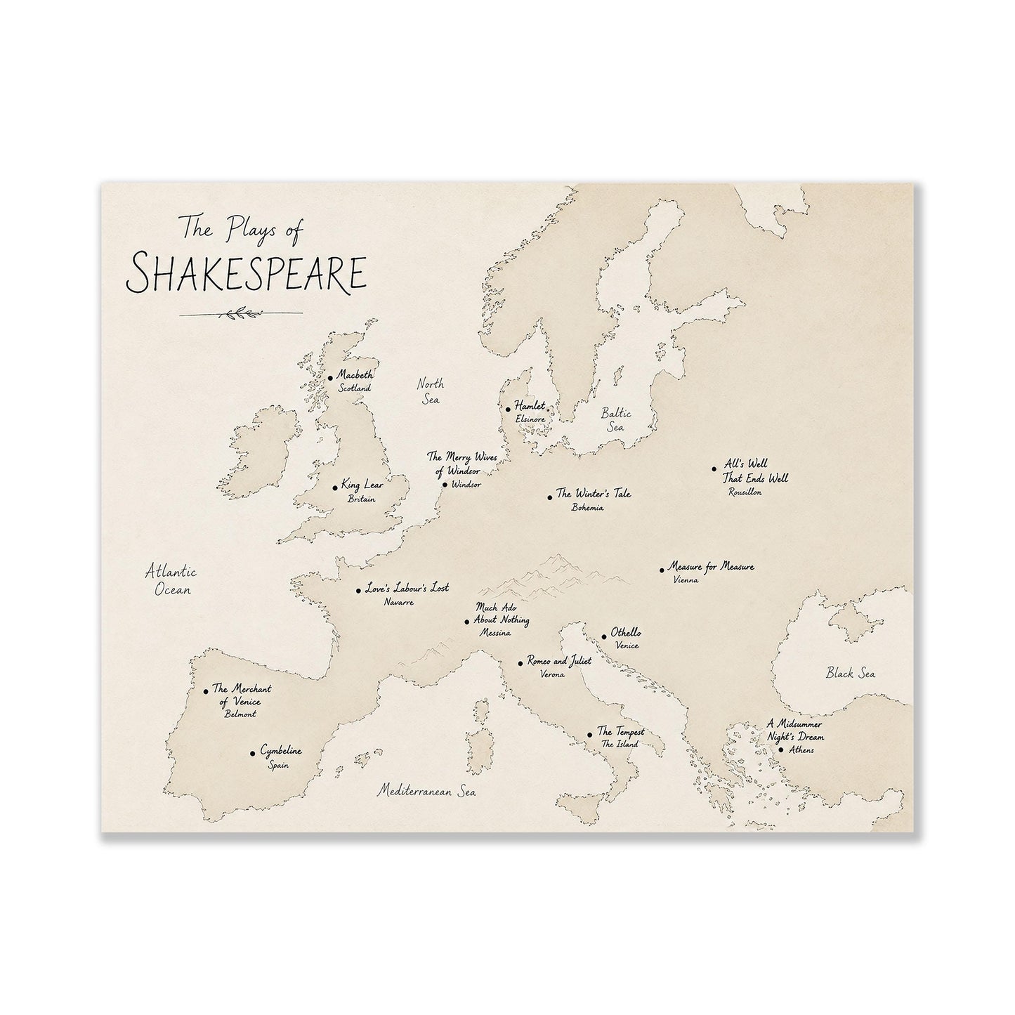 Shakespeare Plays Map of Europe Wall Art Print | Literary Poster | English Teacher Gift | Classroom Simple Home Decor