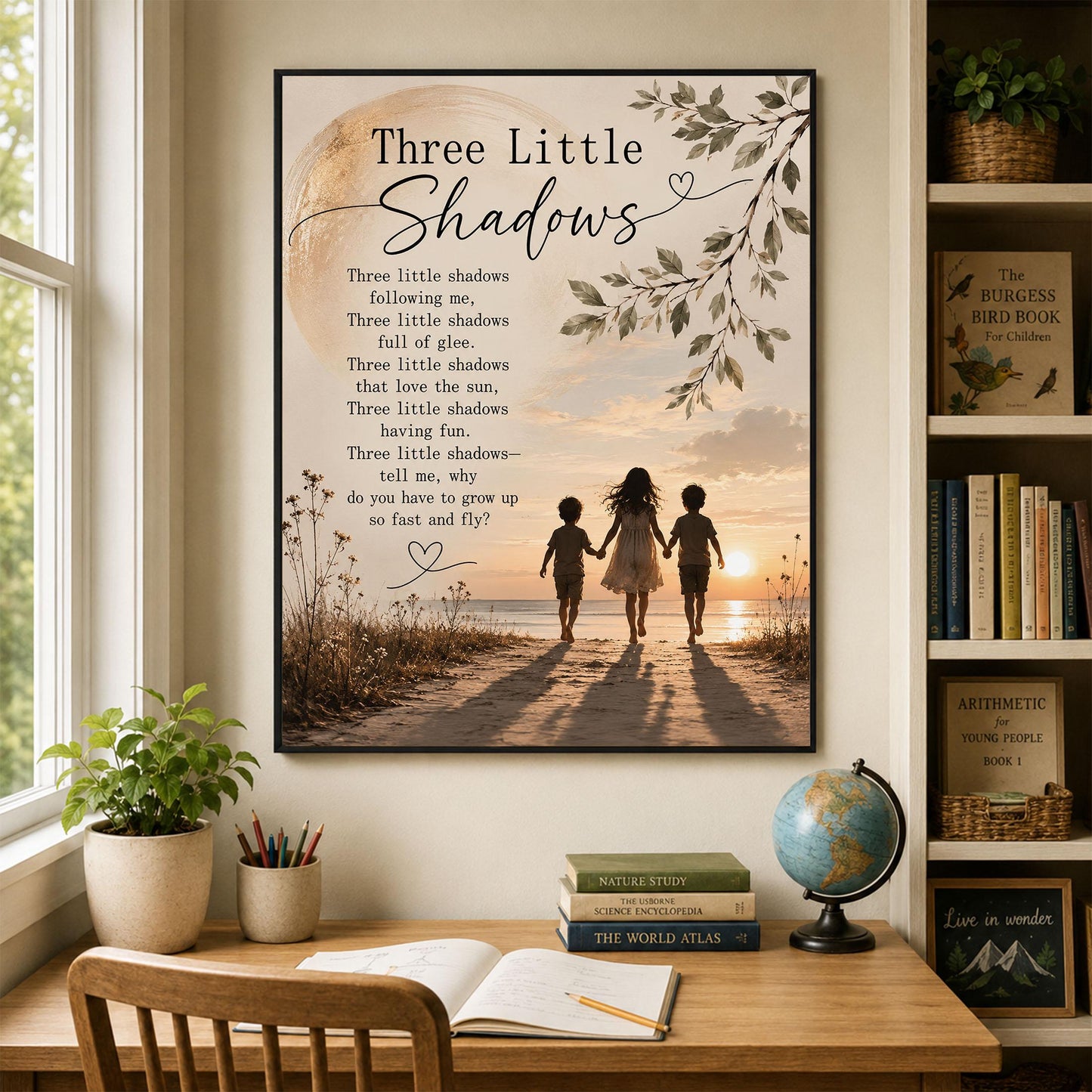 Three Little Shadows Poem Wall Art Print | Poetry | Children's Room | Nursery | Vintage Family Home Decor | Literary Gift