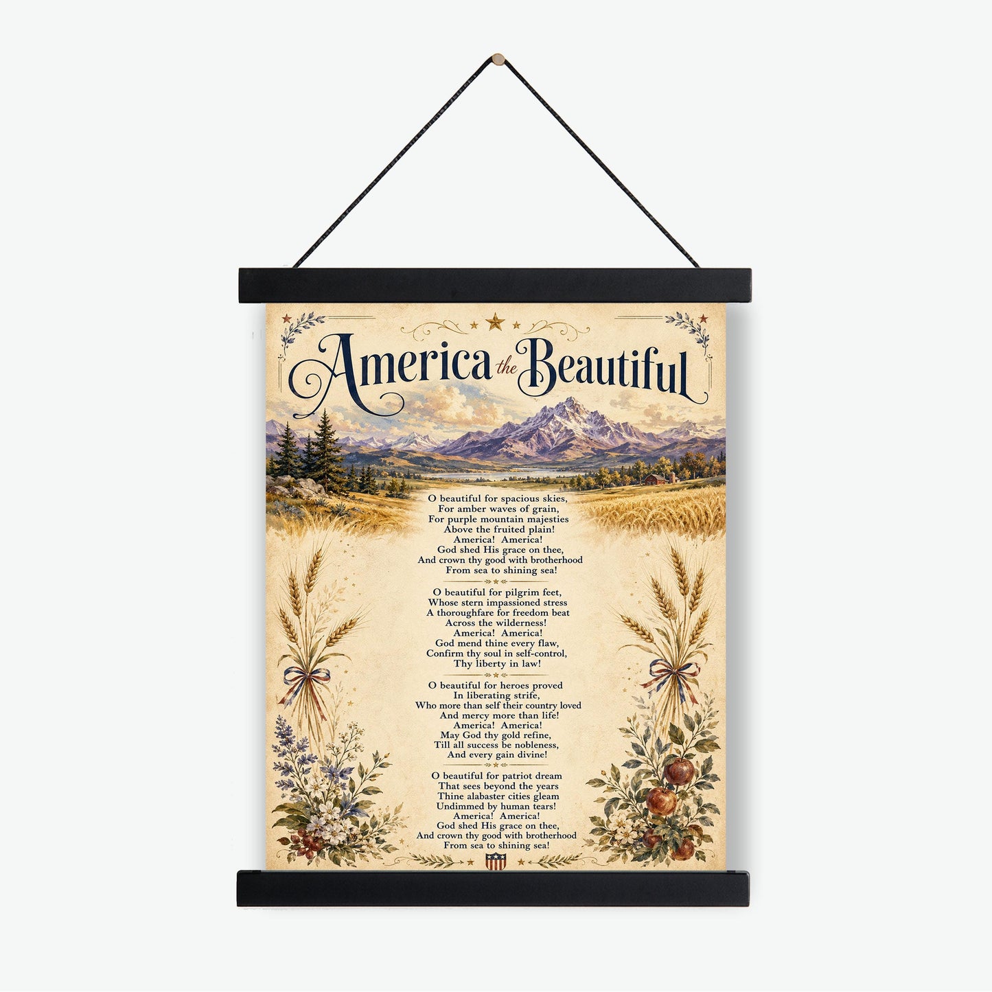 America the Beautiful Wall Art Print, Patriotic Poem, Vintage Americana Landscape Artwork for Study or Living Room, Lyrics Home Decor