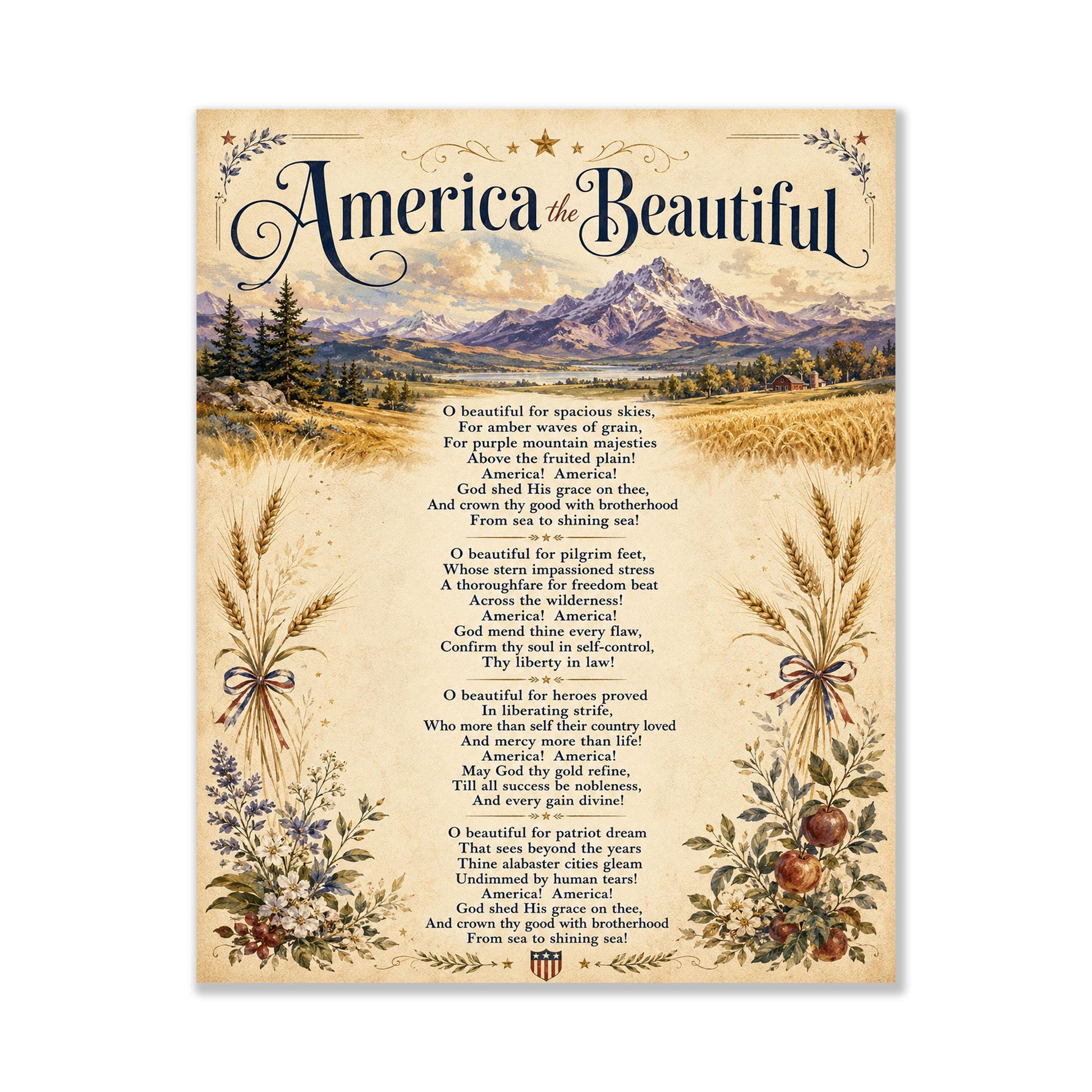 America the Beautiful Wall Art Print, Patriotic Poem, Vintage Americana Landscape Artwork for Study or Living Room, Lyrics Home Decor