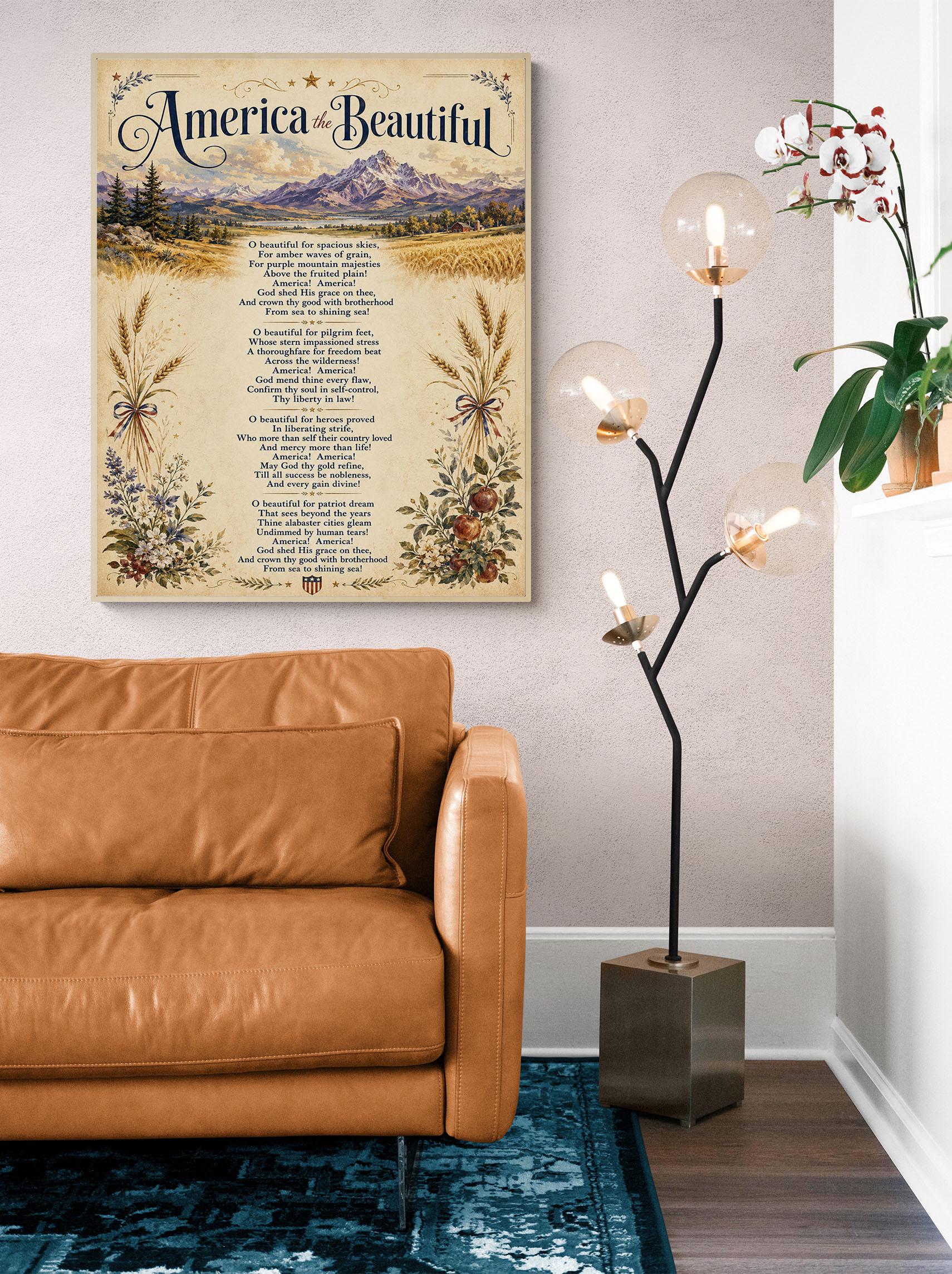 America the Beautiful Wall Art Print, Patriotic Poem, Vintage Americana Landscape Artwork for Study or Living Room, Lyrics Home Decor