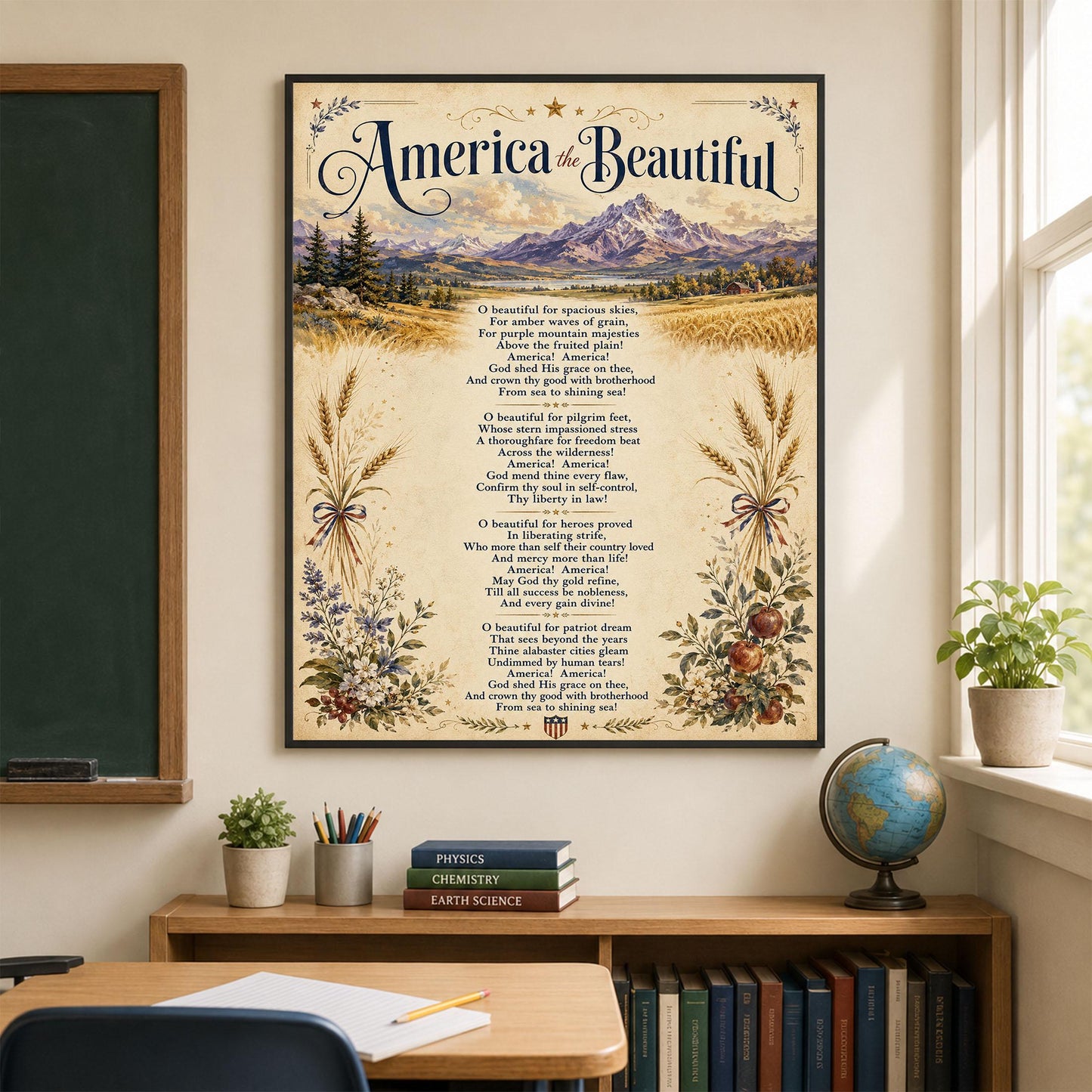 America the Beautiful Wall Art Print, Patriotic Poem, Vintage Americana Landscape Artwork for Study or Living Room, Lyrics Home Decor