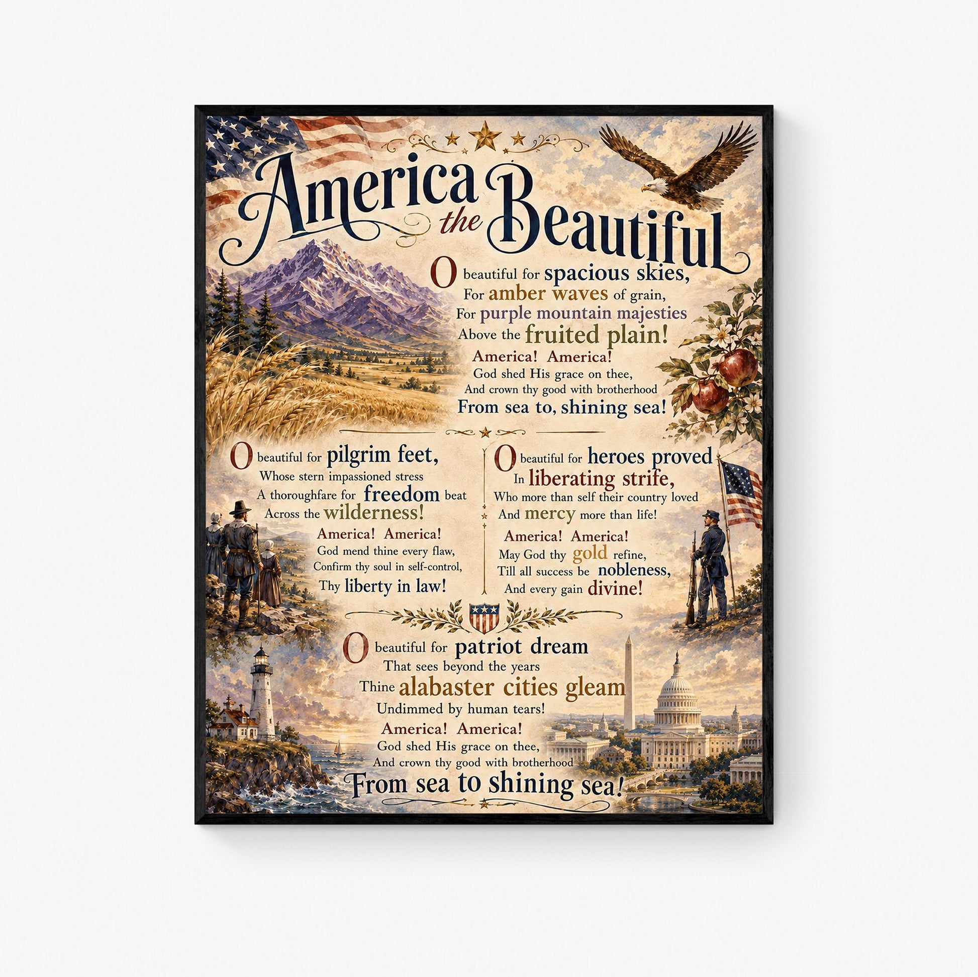 America the Beautiful Art Print, Patriotic Wall Art with Vintage Americana Poem, Historic Landscape Print