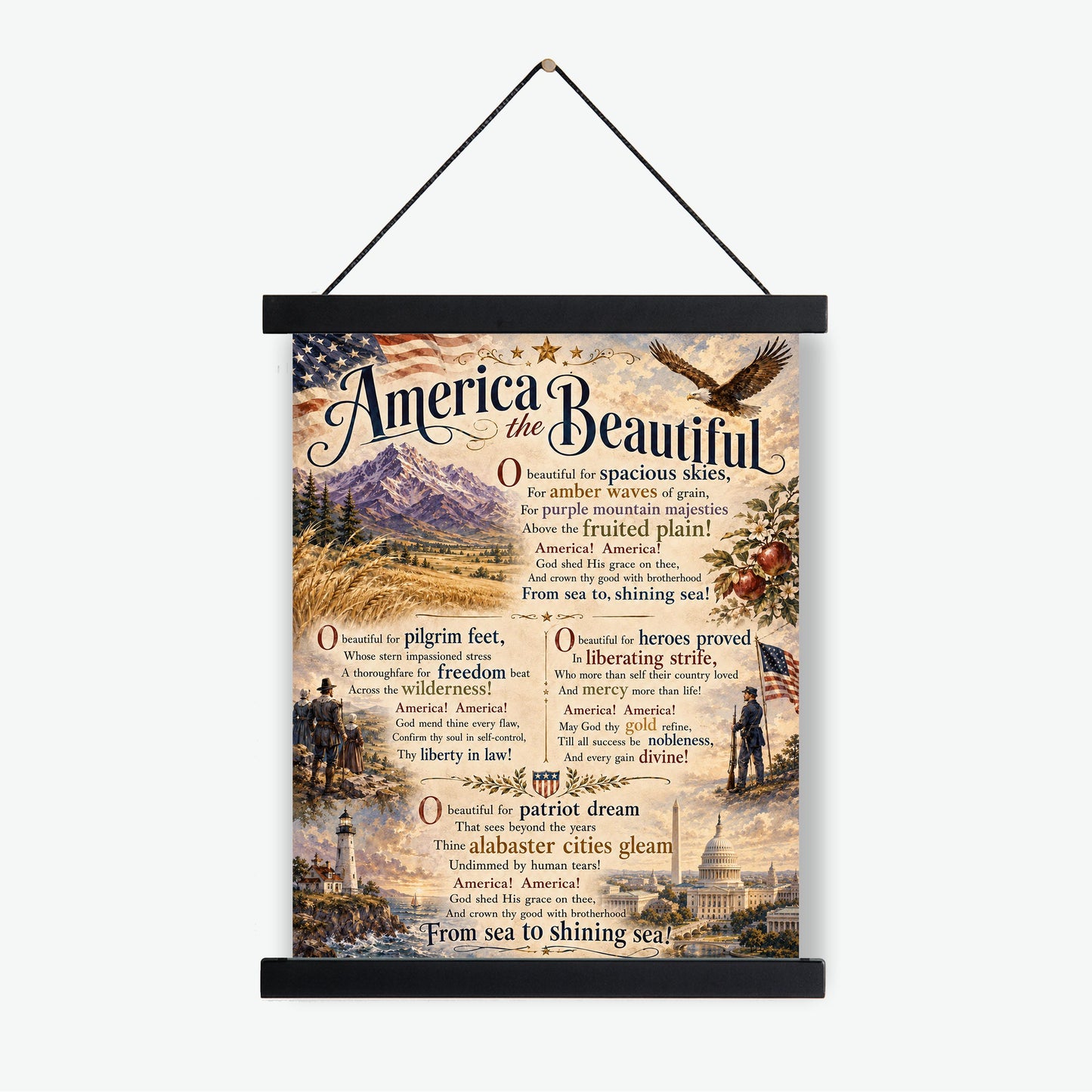 America the Beautiful Art Print, Patriotic Wall Art with Vintage Americana Poem, Historic Landscape Print