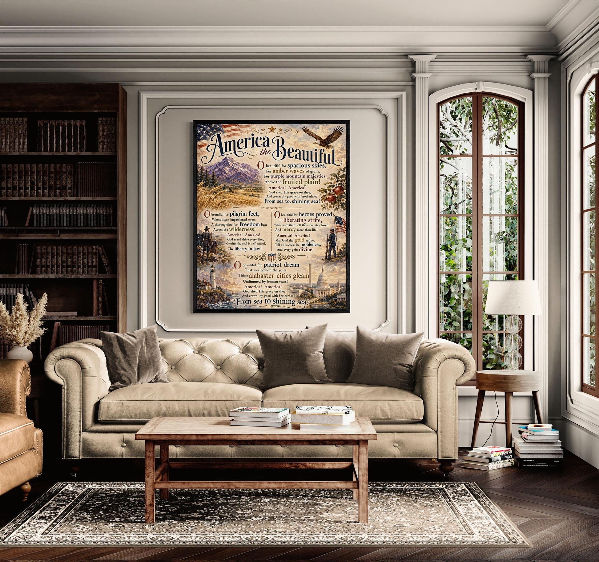 America the Beautiful Art Print, Patriotic Wall Art with Vintage Americana Poem, Historic Landscape Print