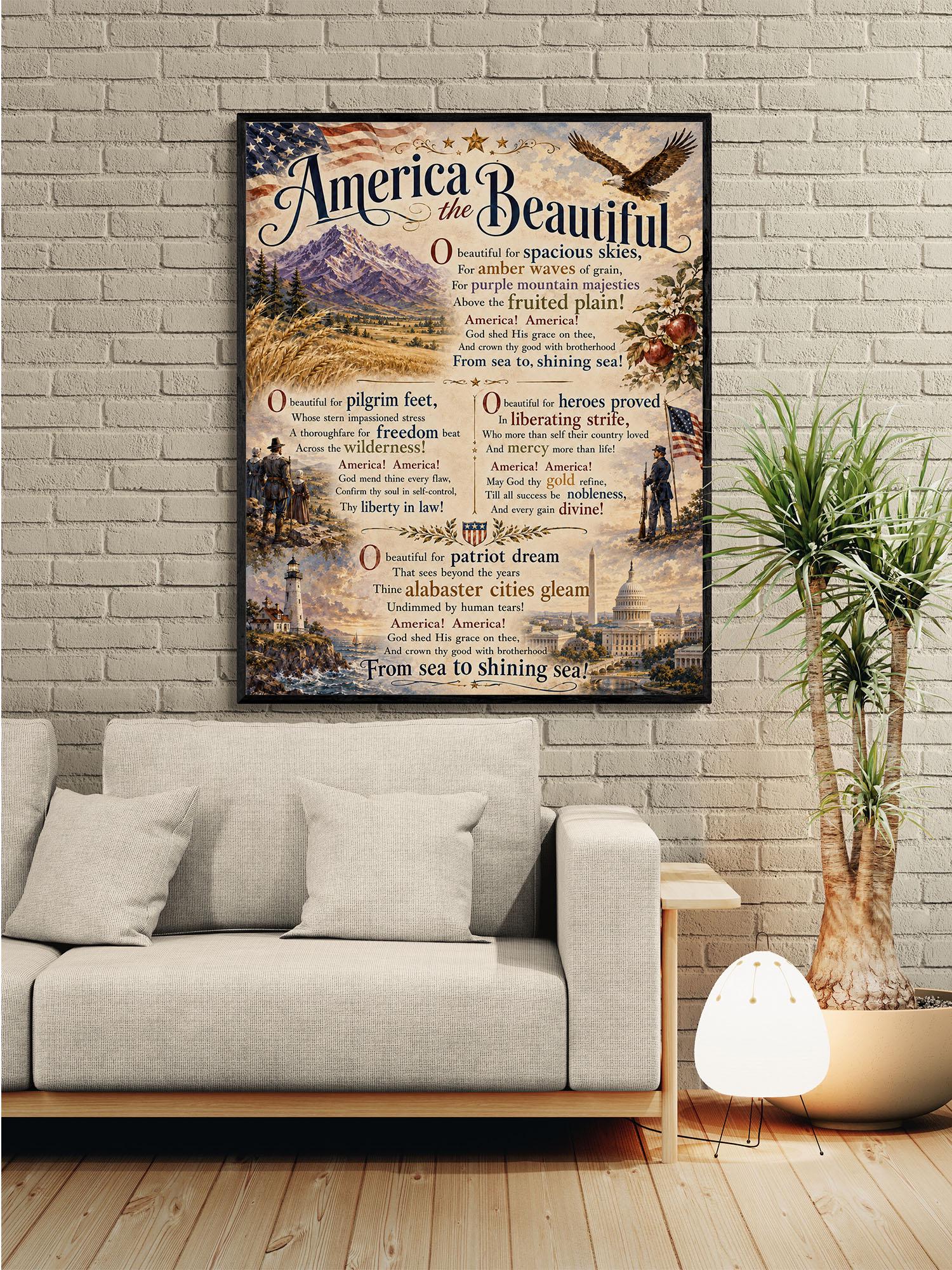 America the Beautiful Art Print, Patriotic Wall Art with Vintage Americana Poem, Historic Landscape Print