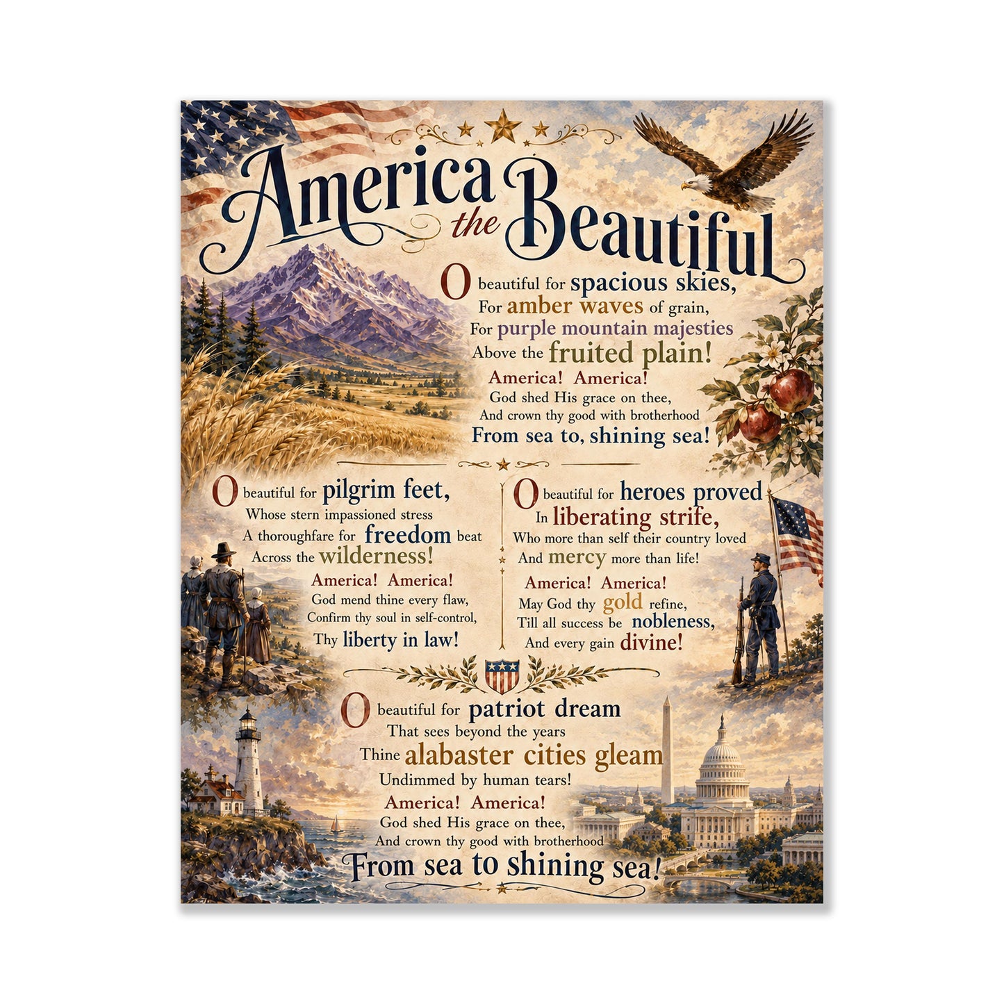 America the Beautiful Art Print, Patriotic Wall Art with Vintage Americana Poem, Historic Landscape Print