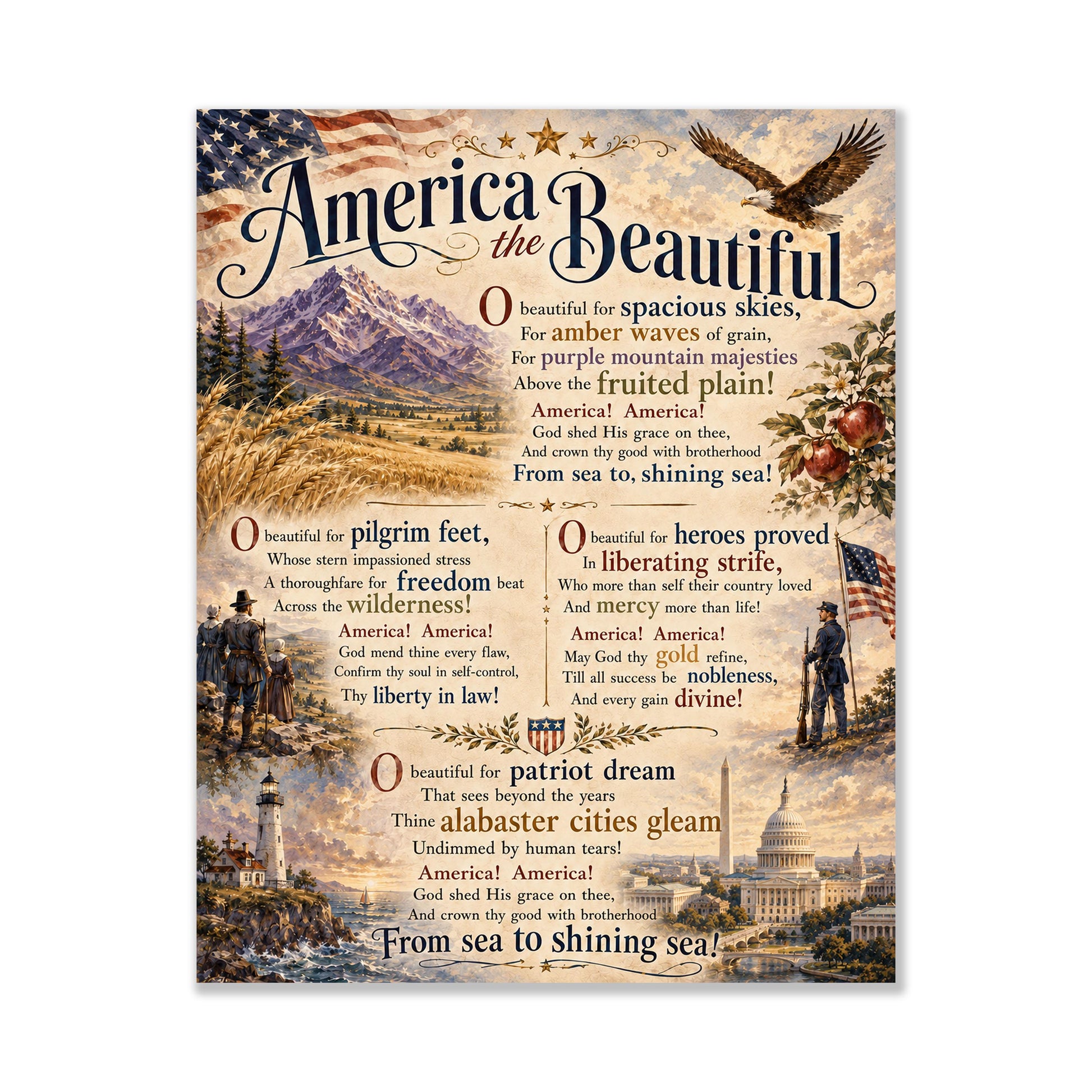 America the Beautiful Art Print, Patriotic Wall Art with Vintage Americana Poem, Historic Landscape Print
