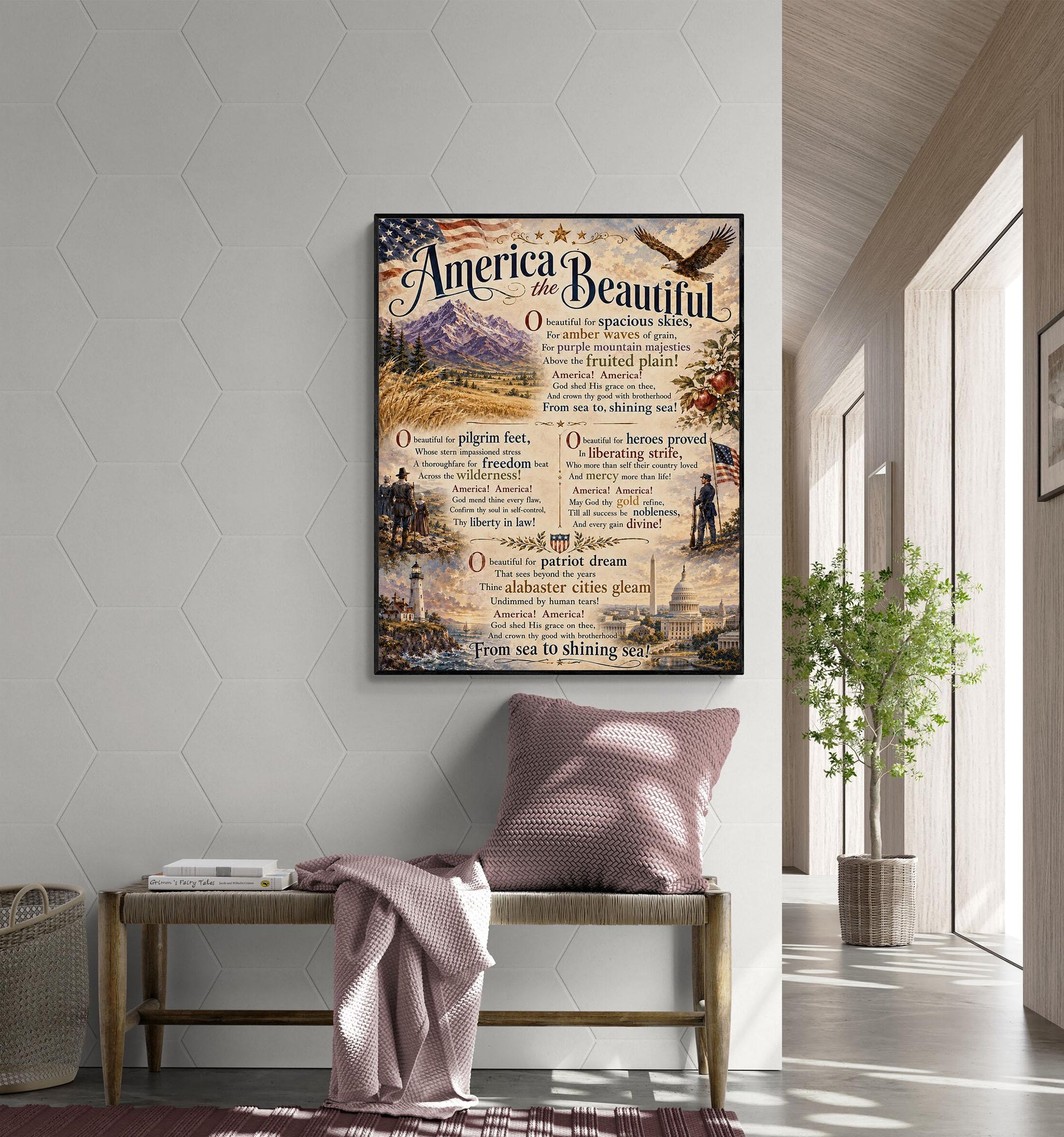 America the Beautiful Art Print, Patriotic Wall Art with Vintage Americana Poem, Historic Landscape Print