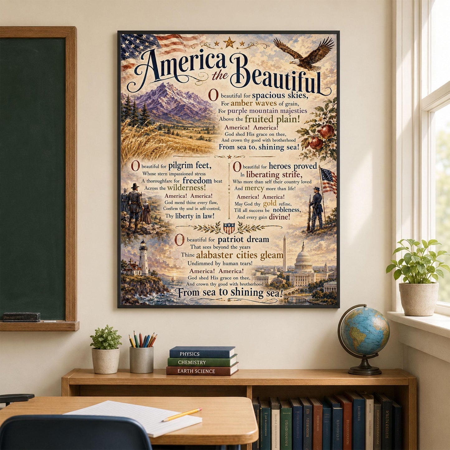 America the Beautiful Art Print, Patriotic Wall Art with Vintage Americana Poem, Historic Landscape Print