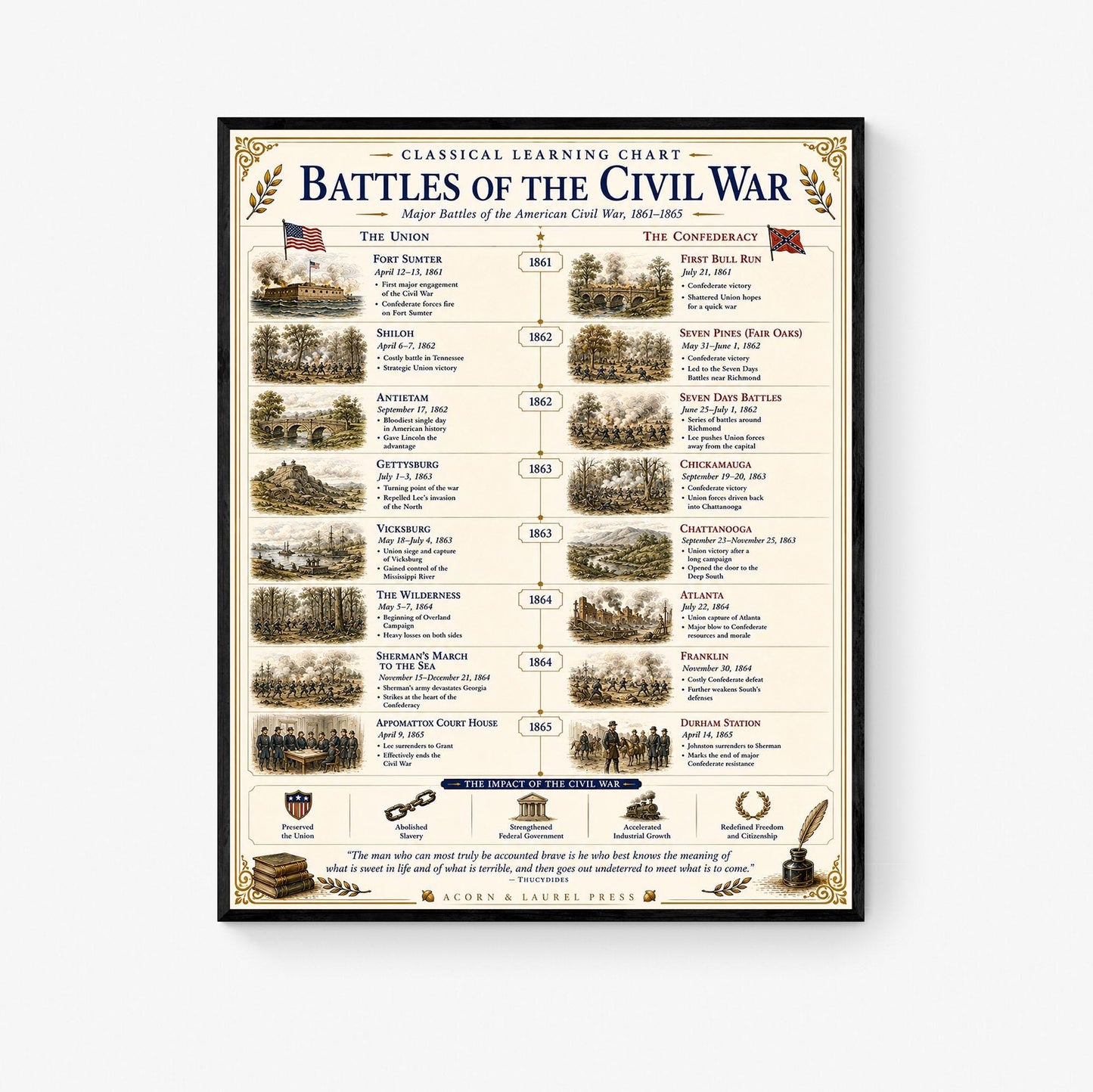 Battles of the Civil War Chart Wall Art Print, Classical Learning Poster, Teacher Classroom Reference, Homeschool, American History Decor