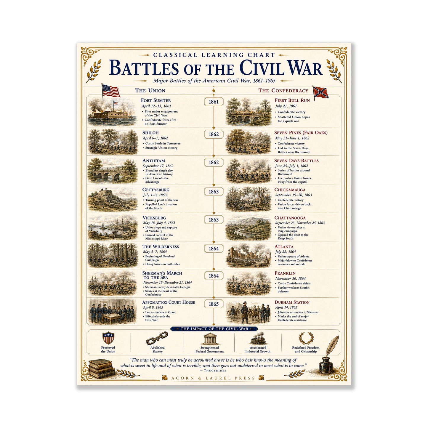 Battles of the Civil War Chart Wall Art Print, Classical Learning Poster, Teacher Classroom Reference, Homeschool, American History Decor