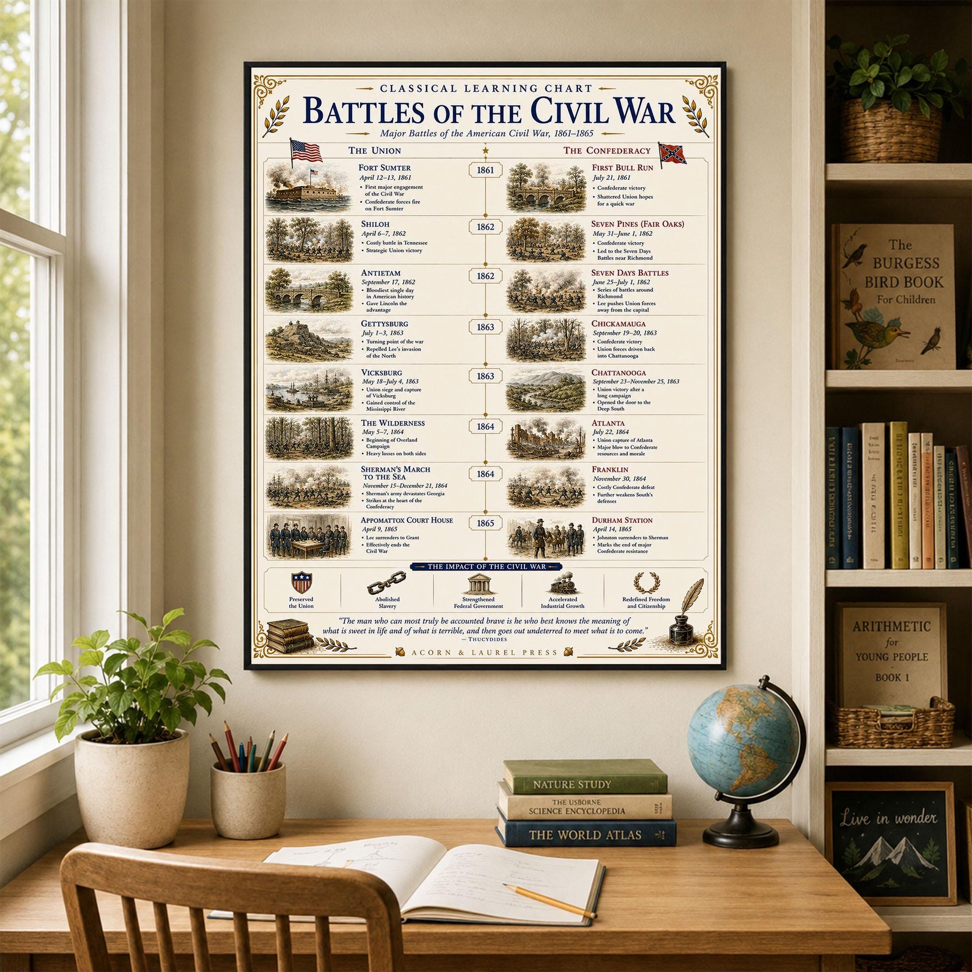 Battles of the Civil War Chart Wall Art Print, Classical Learning Poster, Teacher Classroom Reference, Homeschool, American History Decor