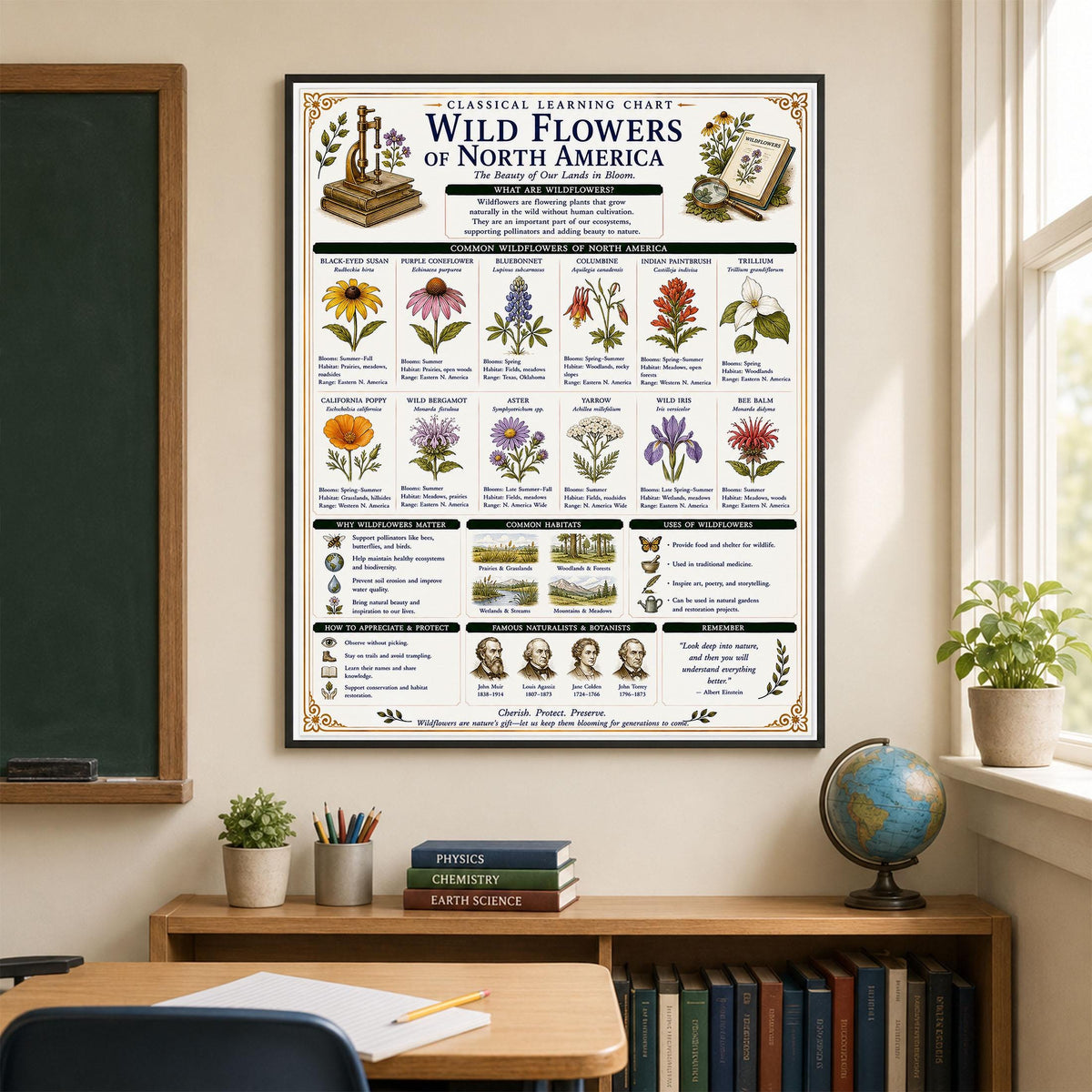 Wild Flowers of North America Chart Wall Art Print, Classical Learning Poster, Teacher Classroom Reference, Homeschool, Nature Room Decor