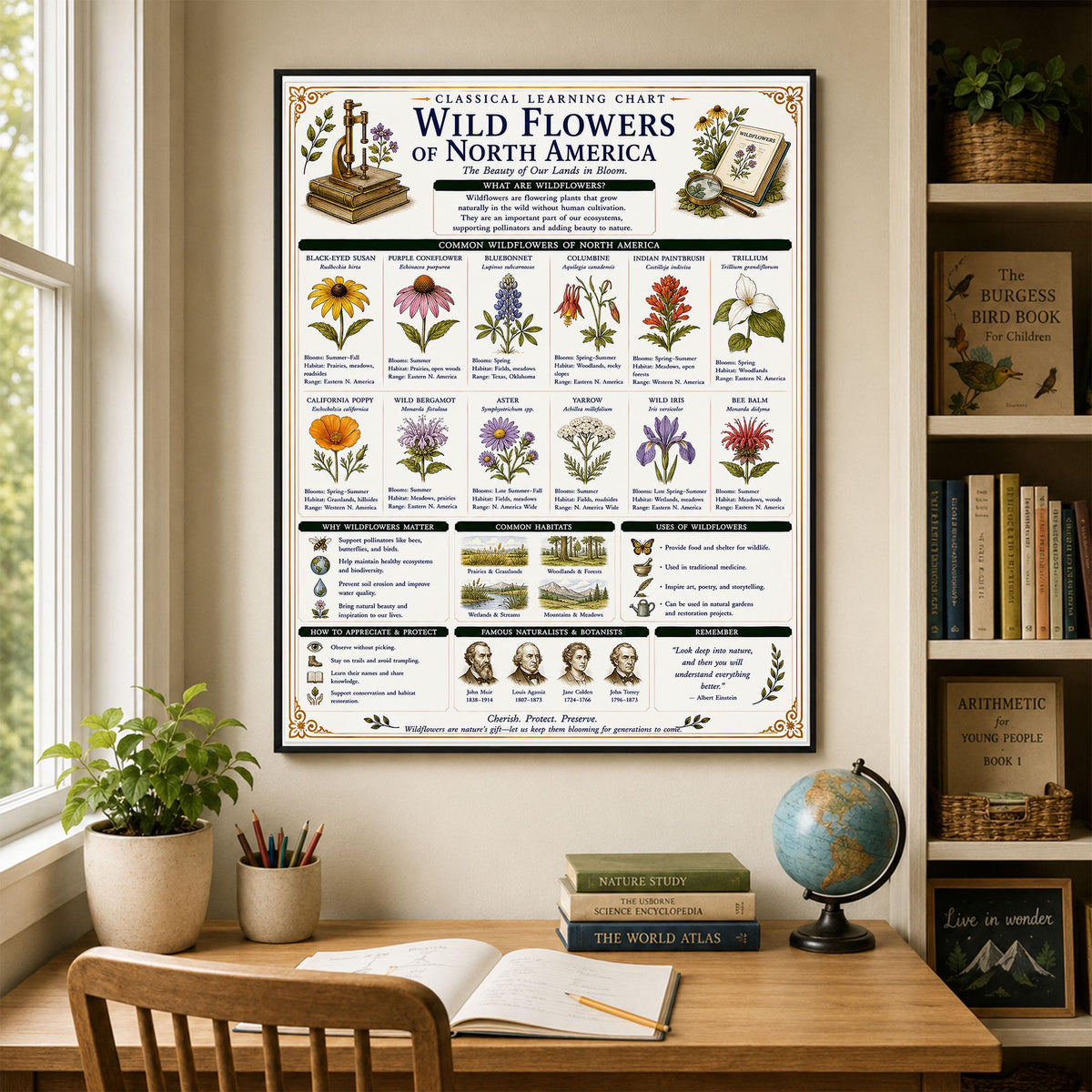 Wild Flowers of North America Chart Wall Art Print, Classical Learning Poster, Teacher Classroom Reference, Homeschool, Nature Room Decor
