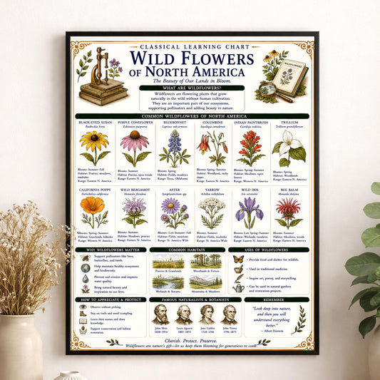 Wild Flowers of North America Chart Wall Art Print, Classical Learning Poster, Teacher Classroom Reference, Homeschool, Nature Room Decor
