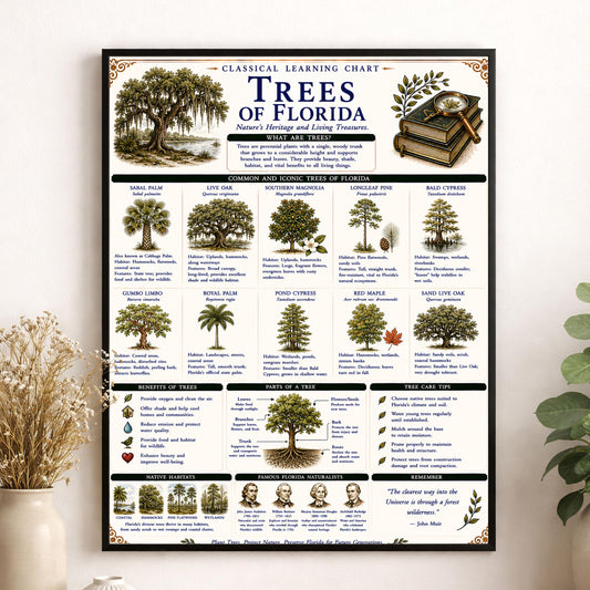 Trees of Florida Chart Wall Art Print, Classical Learning Poster, Teacher Classroom Reference, Homeschool, Botanical Nature Room Decor