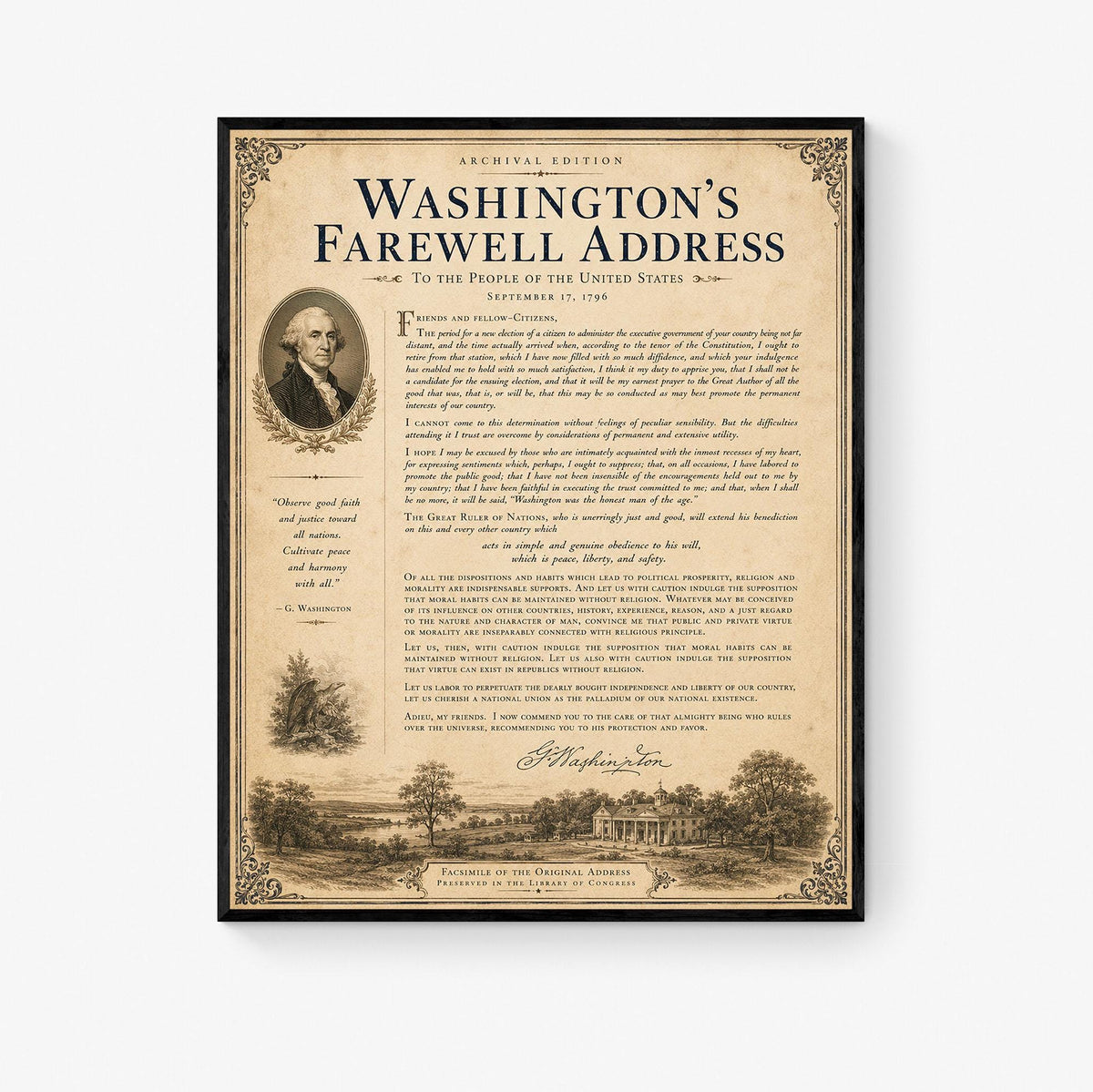 George Washington's Farewell Address Wall Art Print | American Revolution | Patriotic Americana | Vintage Historical Home Decor
