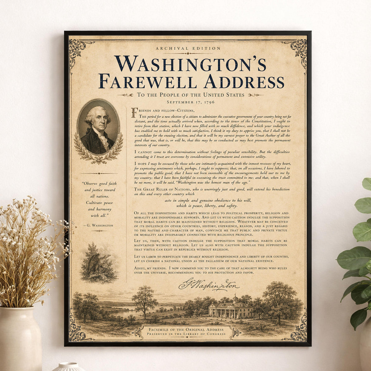 George Washington's Farewell Address Wall Art Print | American Revolution | Patriotic Americana | Vintage Historical Home Decor