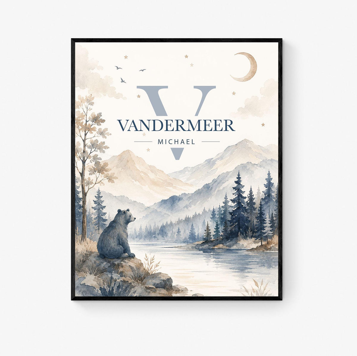 Personalized Bear Name Nursery Wall Art Print | Children’s Home Decor | Custom | For Boy | Kids | Mountain Woodland Bear | Family Artwork