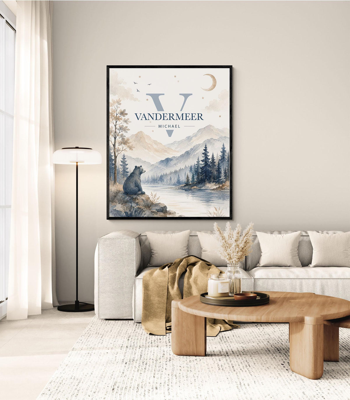 Personalized Bear Name Nursery Wall Art Print | Children’s Home Decor | Custom | For Boy | Kids | Mountain Woodland Bear | Family Artwork