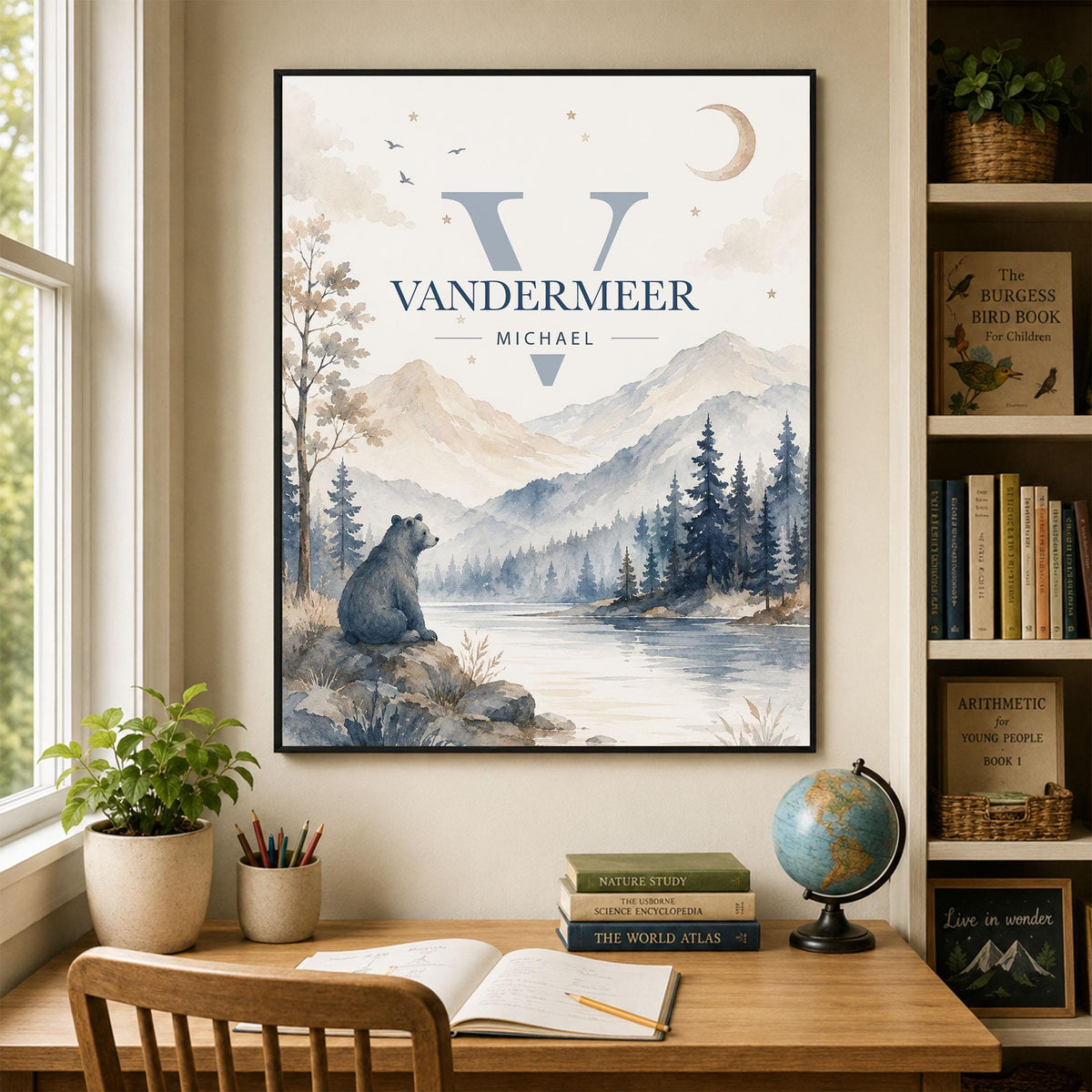 Personalized Bear Name Nursery Wall Art Print | Children’s Home Decor | Custom | For Boy | Kids | Mountain Woodland Bear | Family Artwork