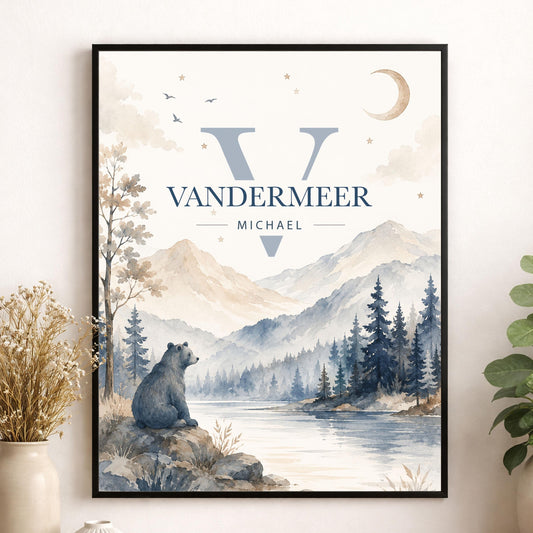 Personalized Bear Name Nursery Wall Art Print | Children’s Home Decor | Custom | For Boy | Kids | Mountain Woodland Bear | Family Artwork