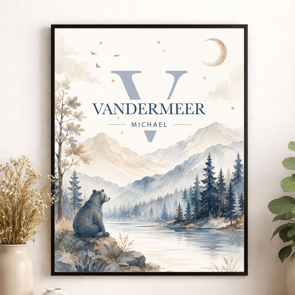 Personalized Bear Name Nursery Wall Art Print | Children’s Home Decor | Custom | For Boy | Kids | Mountain Woodland Bear | Family Artwork