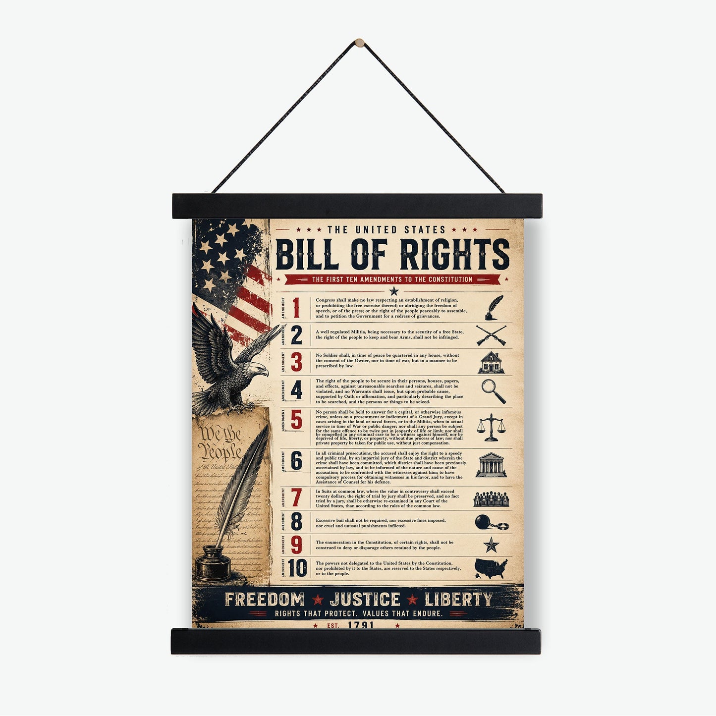 Bill of Rights Wall Art Print | American Constitutional Amendments | Historical Americana | Civics Classroom | Freedom Patriotic Home Decor