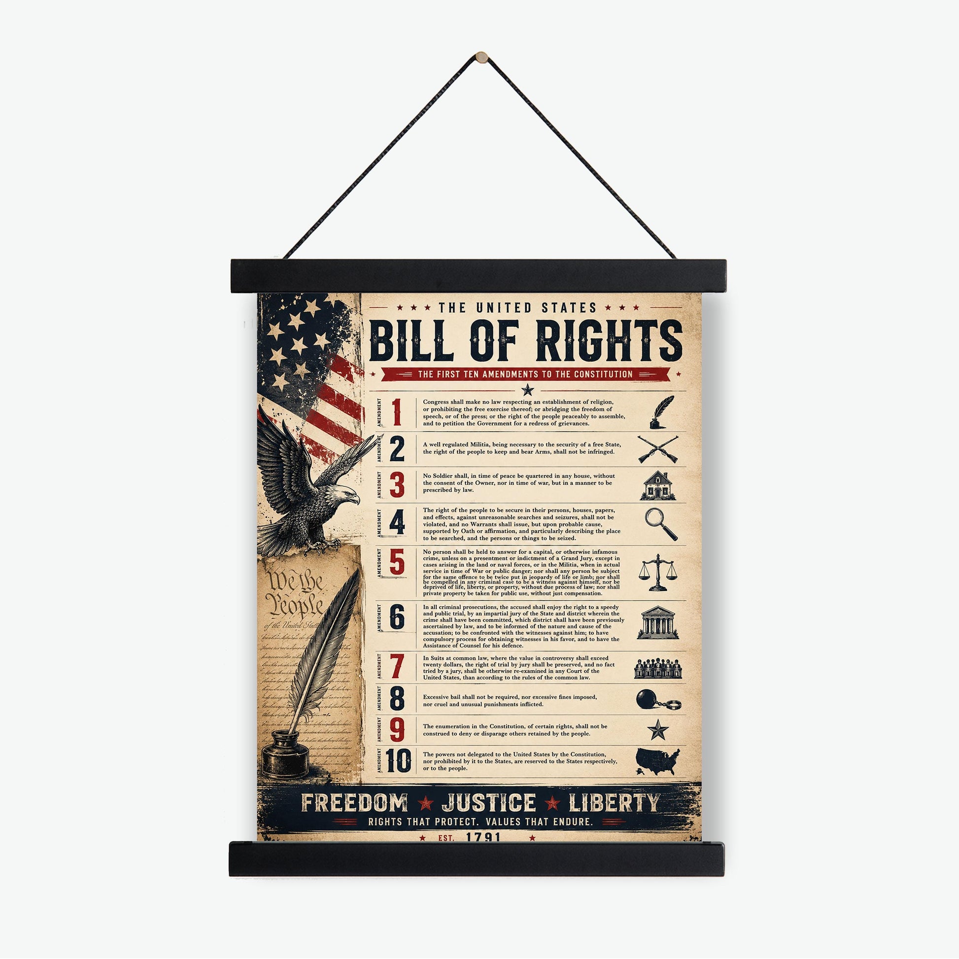 Bill of Rights Wall Art Print | American Constitutional Amendments | Historical Americana | Civics Classroom | Freedom Patriotic Home Decor