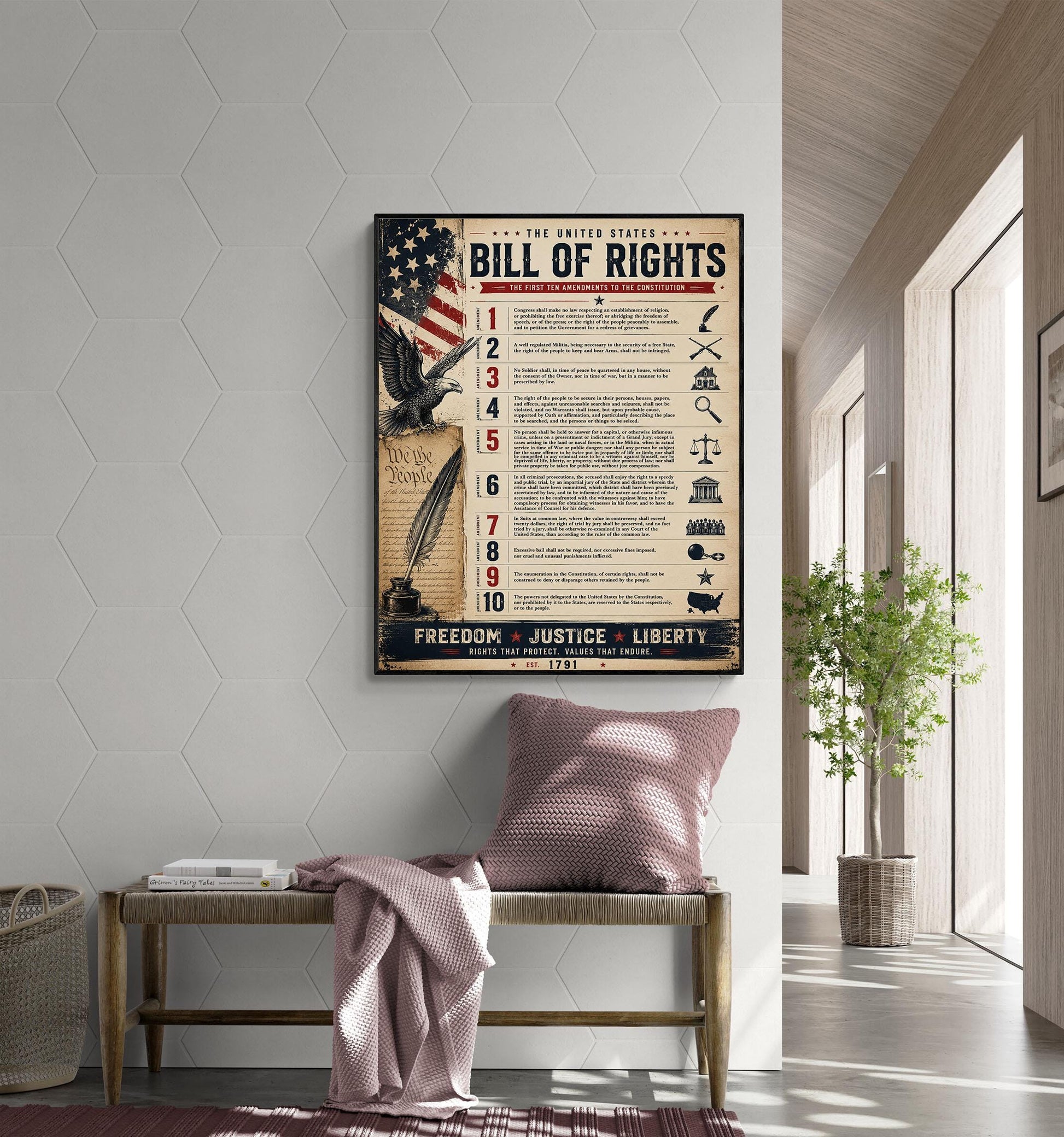 Bill of Rights Wall Art Print | American Constitutional Amendments | Historical Americana | Civics Classroom | Freedom Patriotic Home Decor