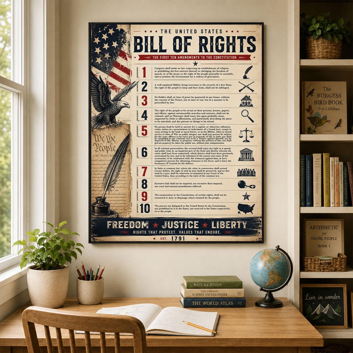 Bill of Rights Wall Art Print | American Constitutional Amendments | Historical Americana | Civics Classroom | Freedom Patriotic Home Decor