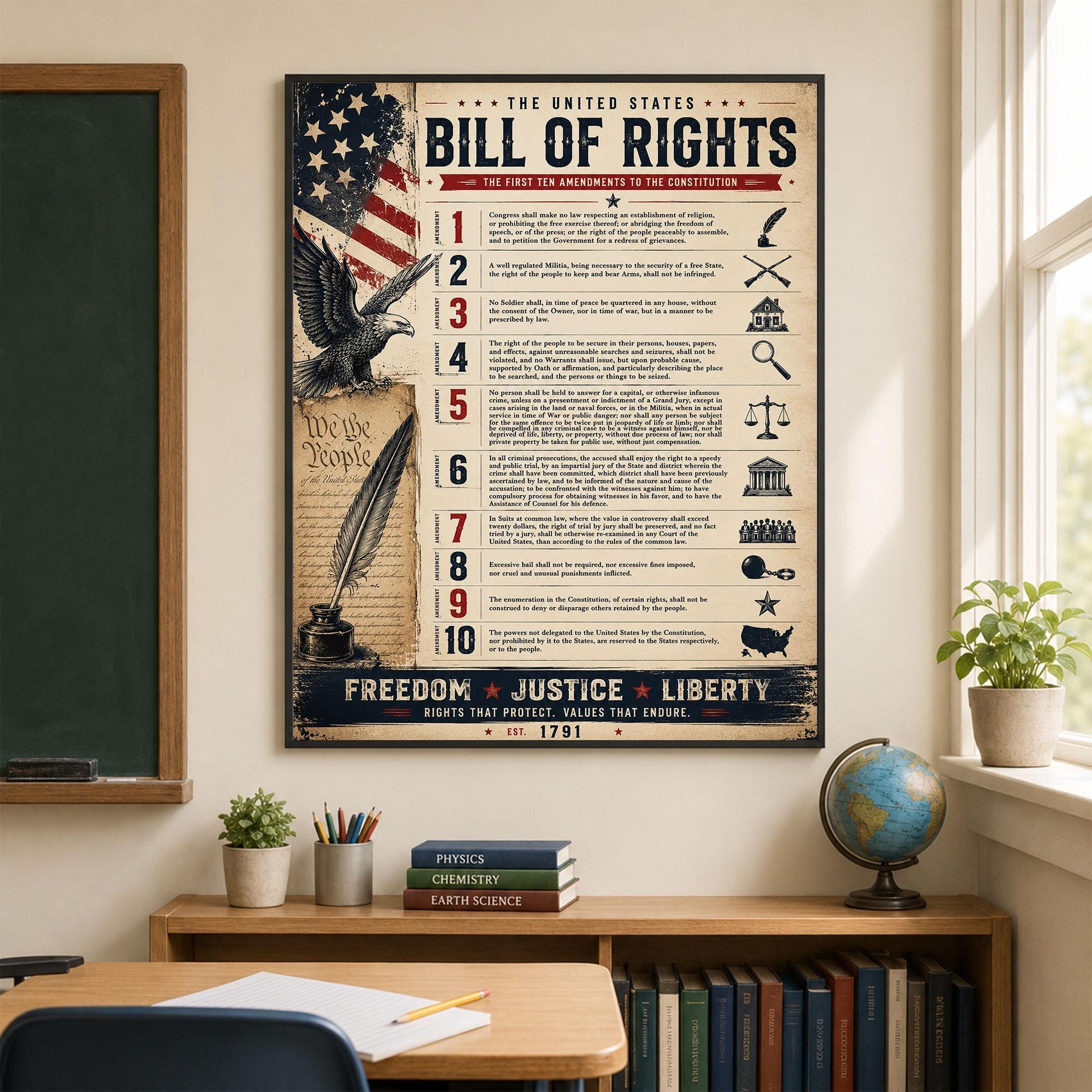 Bill of Rights Wall Art Print | American Constitutional Amendments | Historical Americana | Civics Classroom | Freedom Patriotic Home Decor