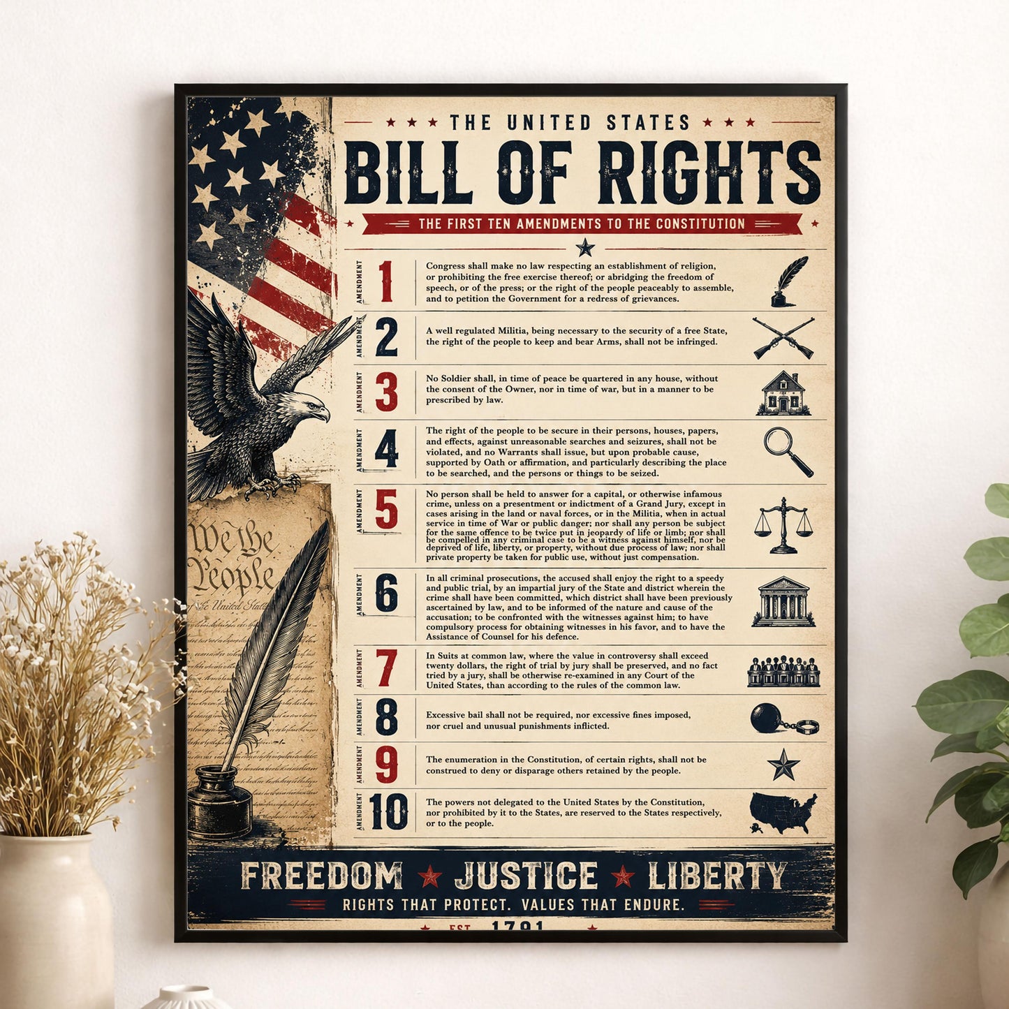 Bill of Rights Wall Art Print | American Constitutional Amendments | Historical Americana | Civics Classroom | Freedom Patriotic Home Decor