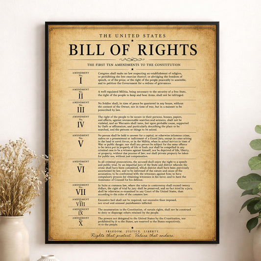 Bill of Rights Wall Art Print | American Constitutional Amendments | Historical Americana | Civics Classroom | Liberty Patriotic Home Decor