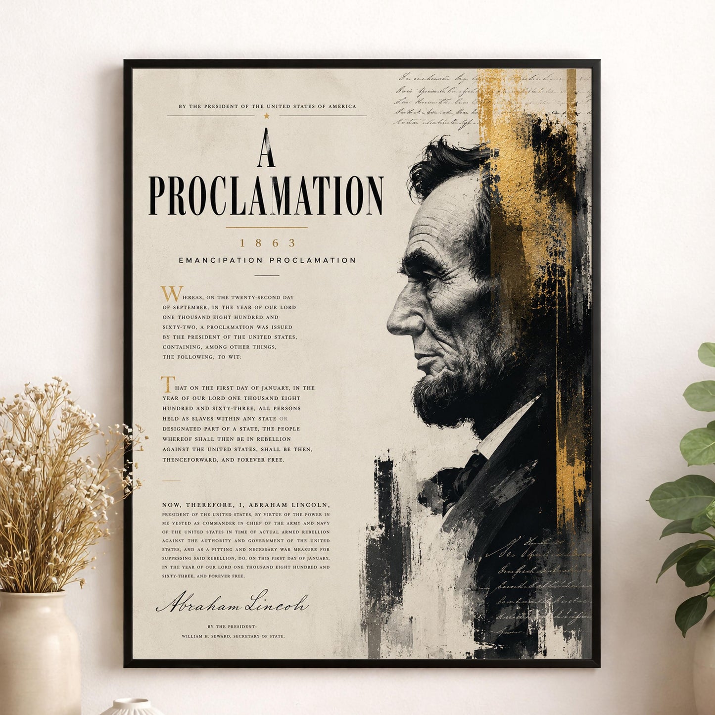 Emancipation Proclamation Wall Art Print, Abraham Lincoln Portrait, American History Home Decor, Freedom Document, Historical Office