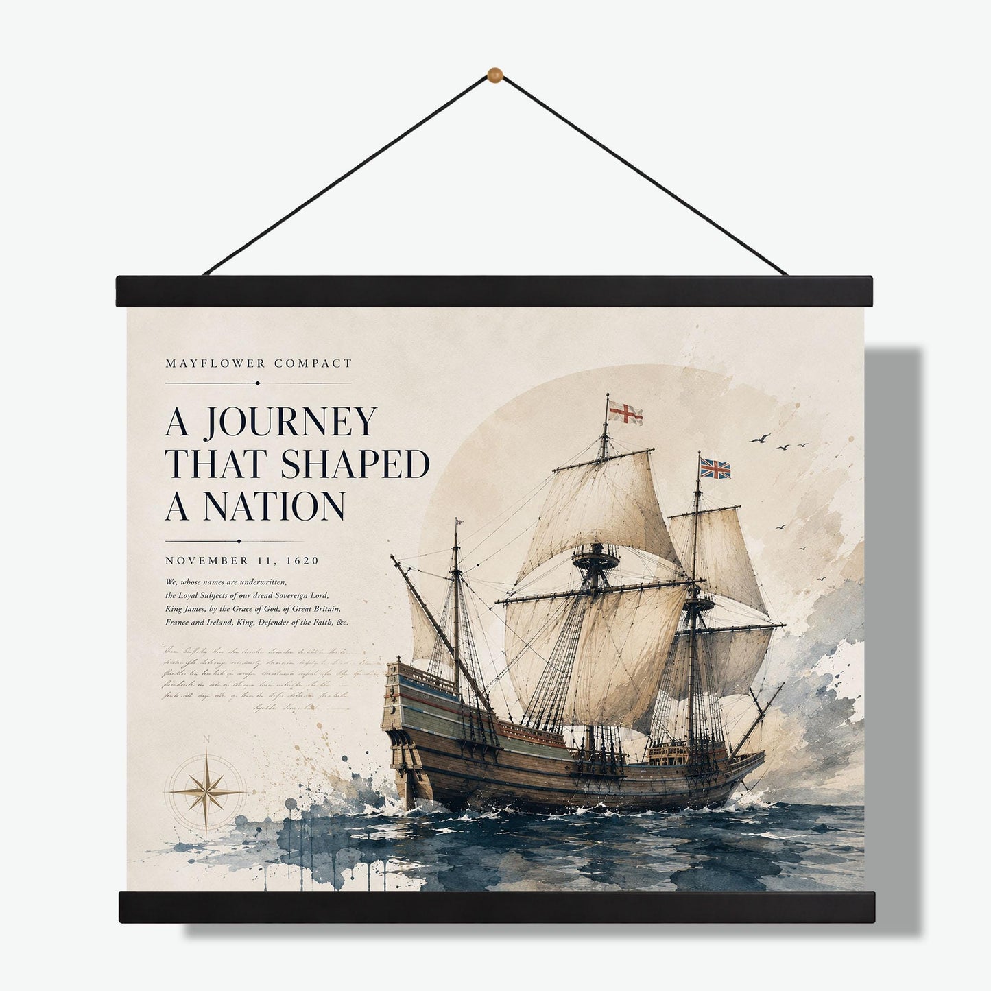 Mayflower Compact Wall Art Print, Pilgrim Ship Watercolor, American History Home Decor, Colonial Maritime Artwork, Founding Documents Gift