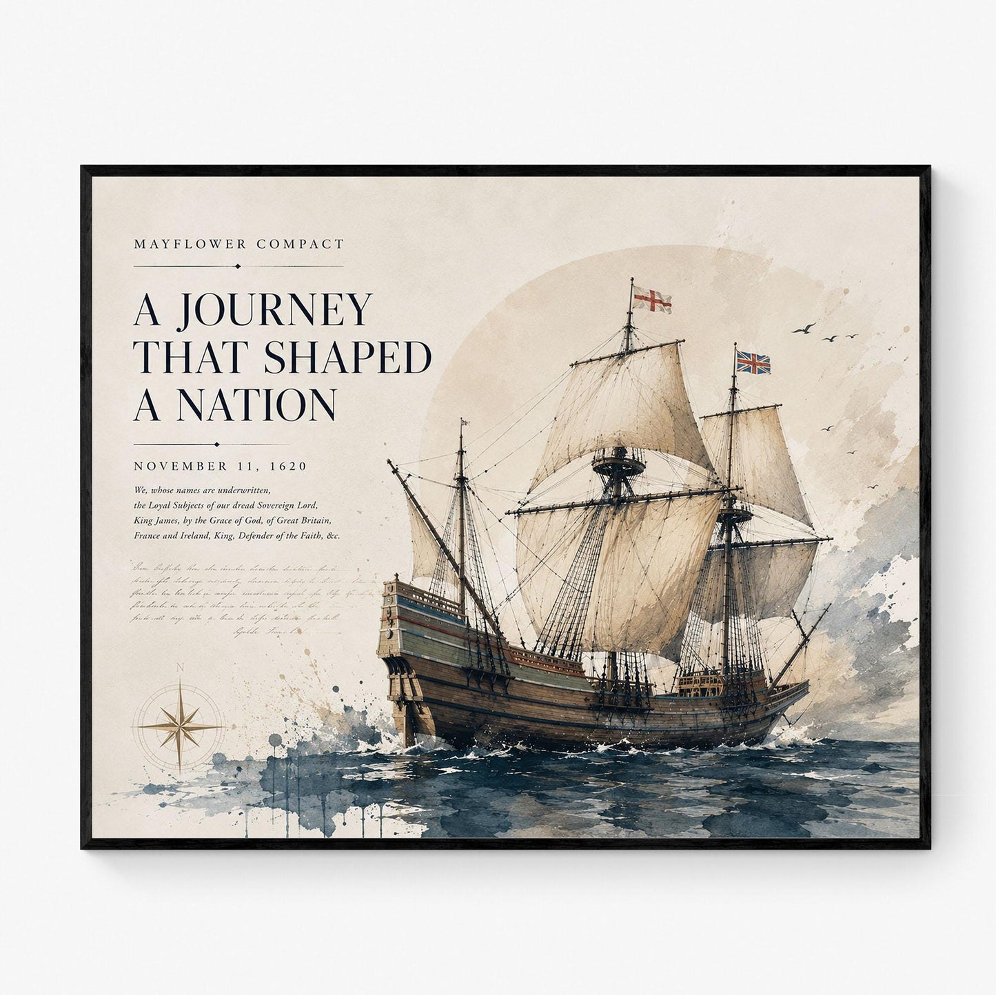 Mayflower Compact Wall Art Print, Pilgrim Ship Watercolor, American History Home Decor, Colonial Maritime Artwork, Founding Documents Gift