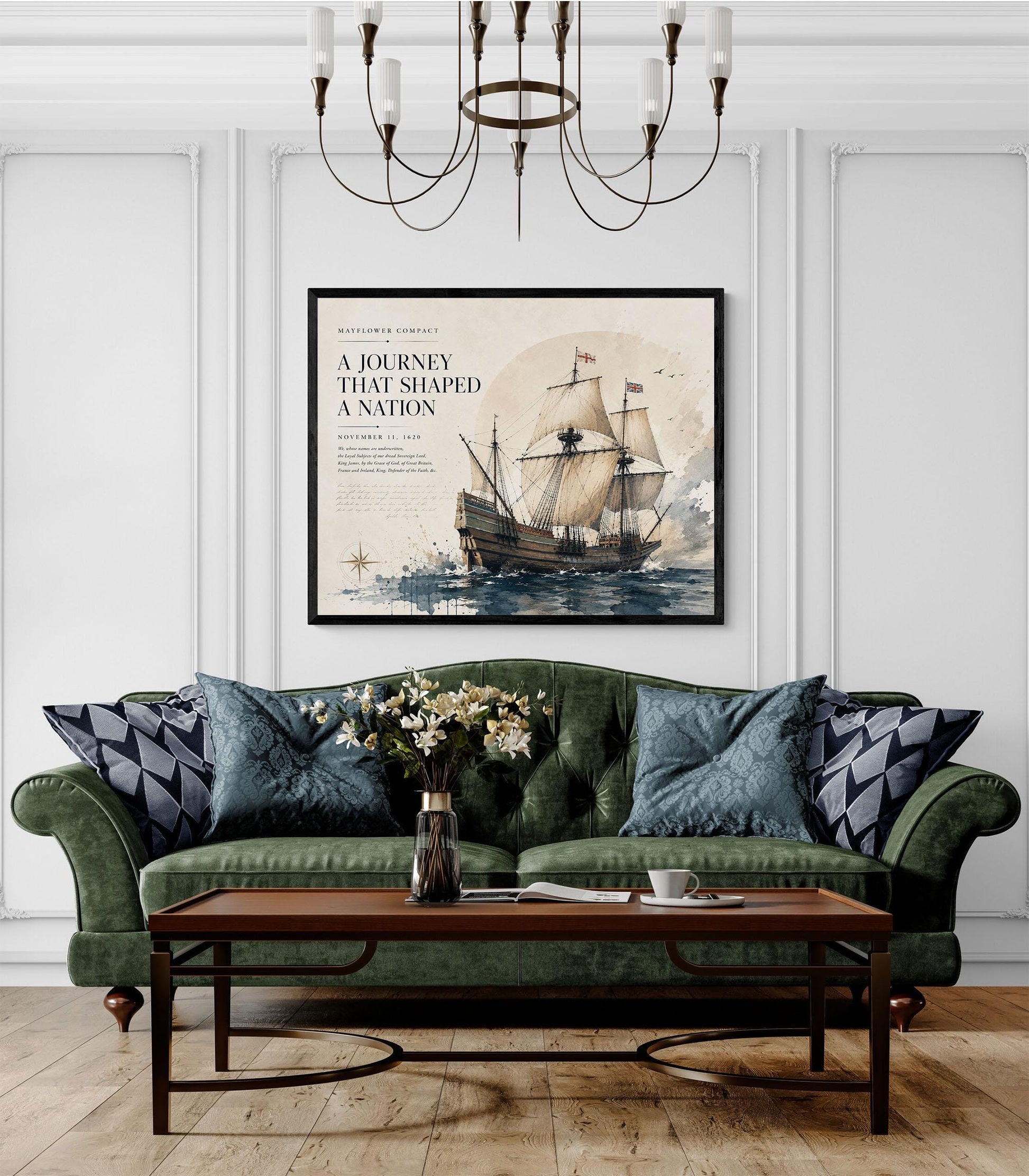 Mayflower Compact Wall Art Print, Pilgrim Ship Watercolor, American History Home Decor, Colonial Maritime Artwork, Founding Documents Gift