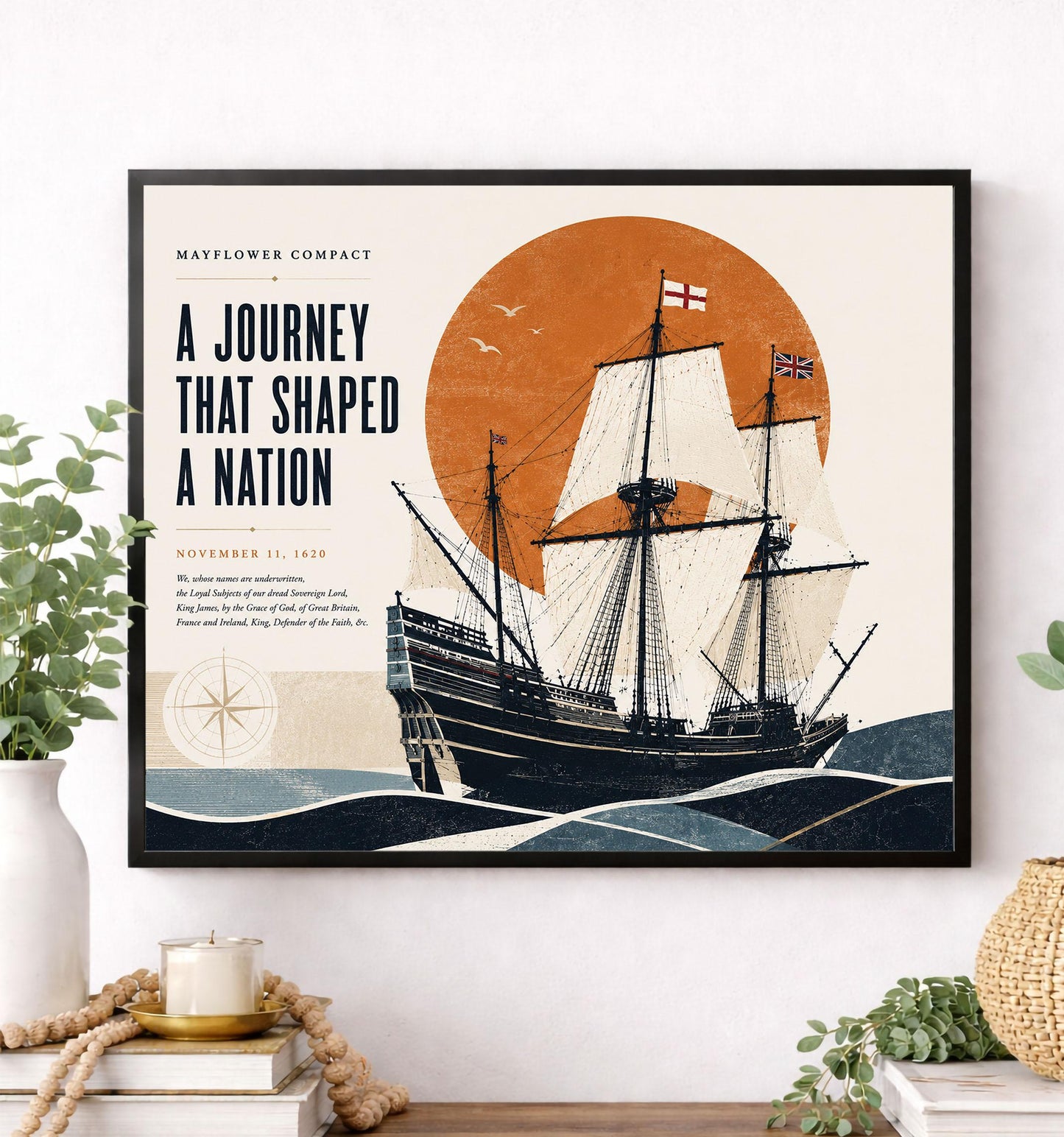 Mayflower Compact Wall Art Print, Pilgrim Ship Poster, American History Home Decor, Coastal Historical Artwork, Founding Documents Gift