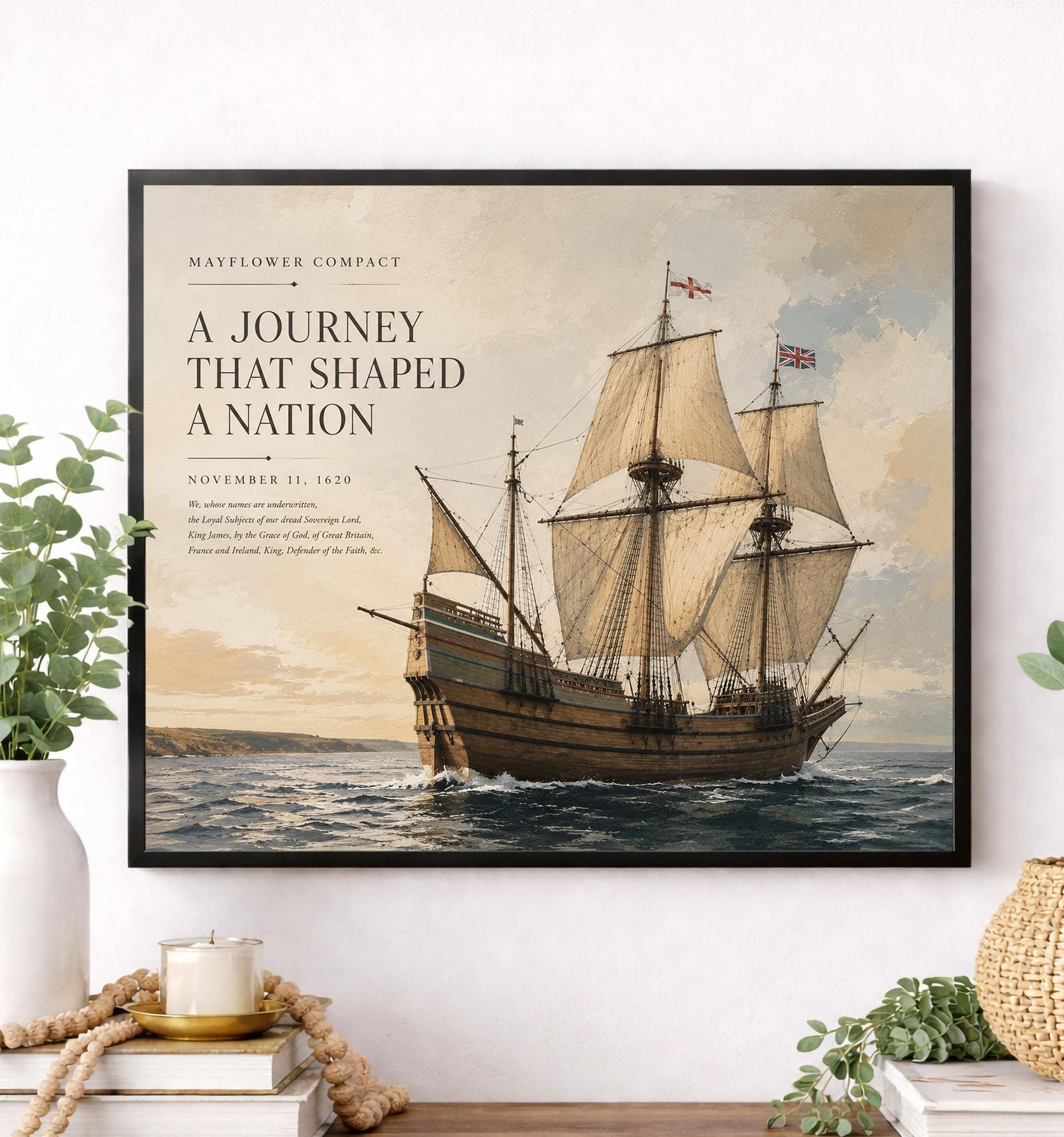 Mayflower Compact Wall Art Print, Pilgrim Ship Historical Artwork, American History Home Decor, Colonial Maritime, Founding Documents Gift