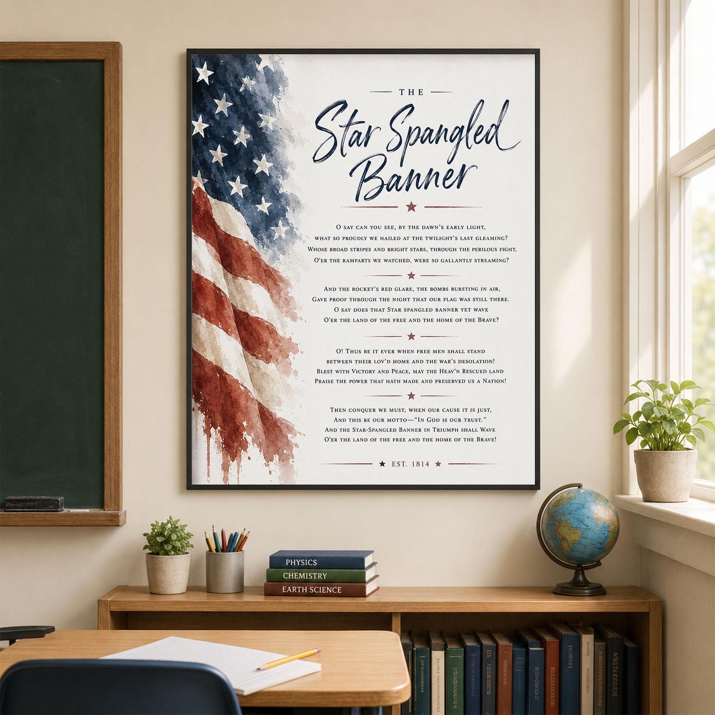 Star Spangled Banner Wall Art Print | American National Anthem | Freedom Patriotic Home Decor | Watercolor Flag | Lyrics Artwork