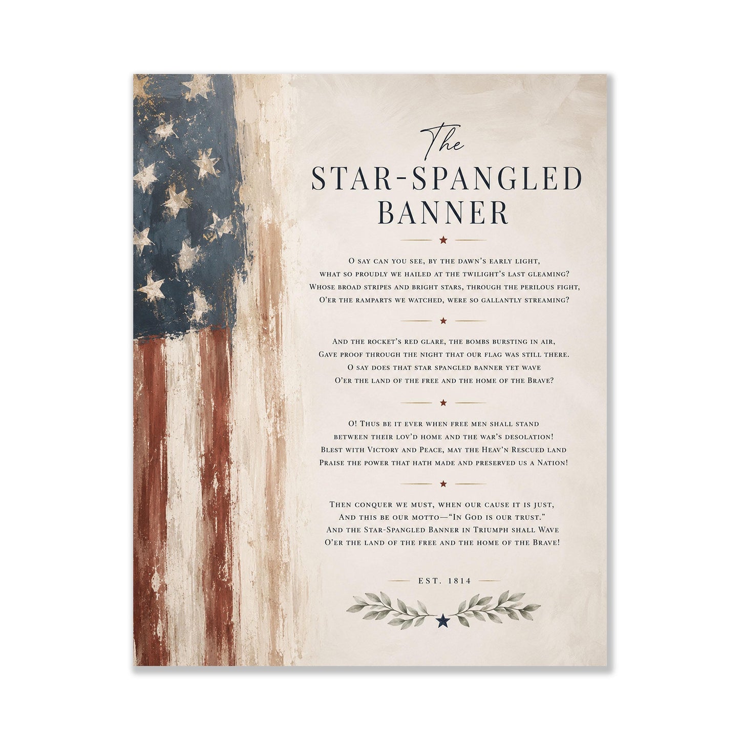 Star-Spangled Banner Wall Art Print, Patriotic American Flag Home Decor, National Anthem Poster, Americana Typography, USA History Gift