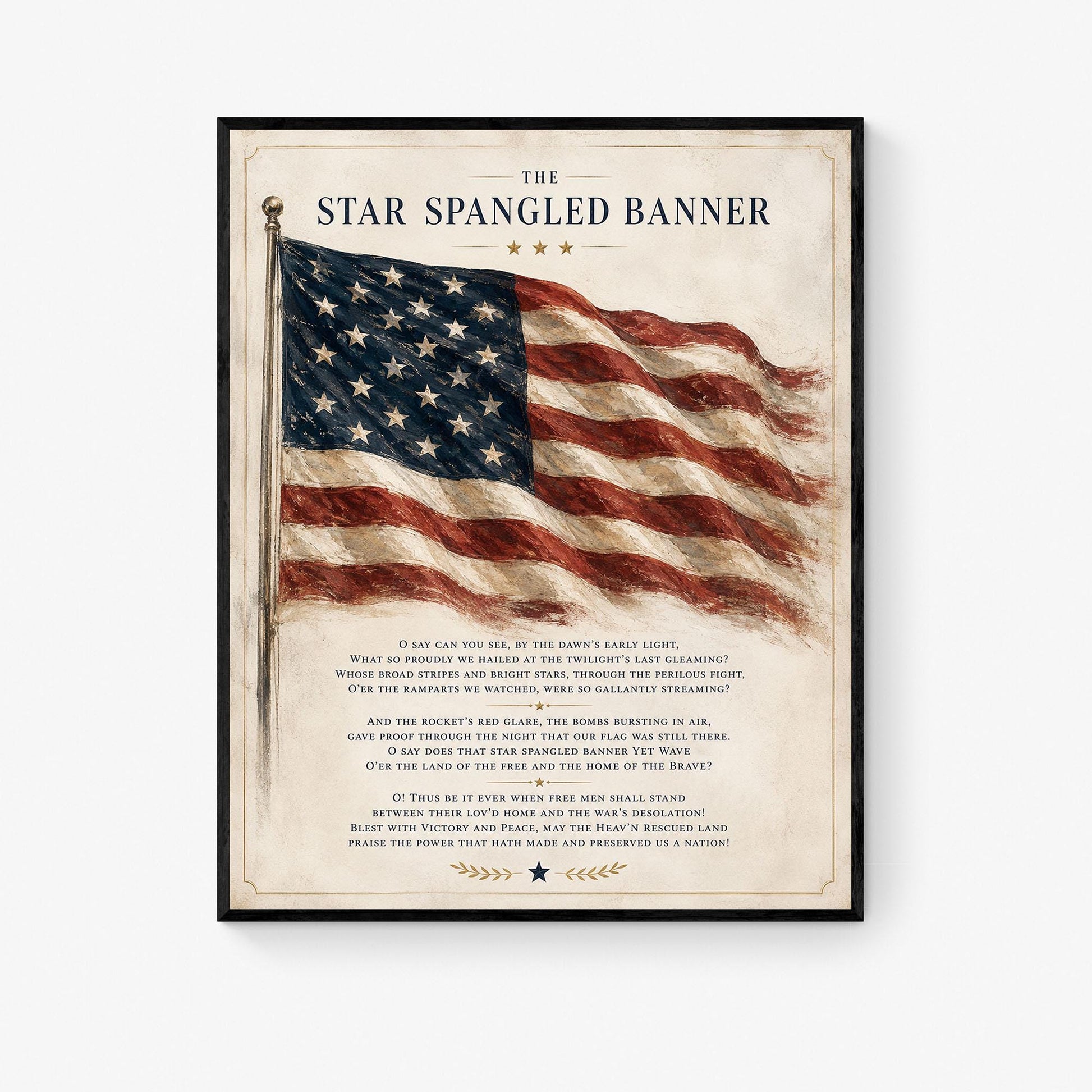 Star Spangled Banner Lyrics Wall Art Print | American National Anthem | Freedom Patriotic Home Decor | Watercolor Flag | Music Artwork