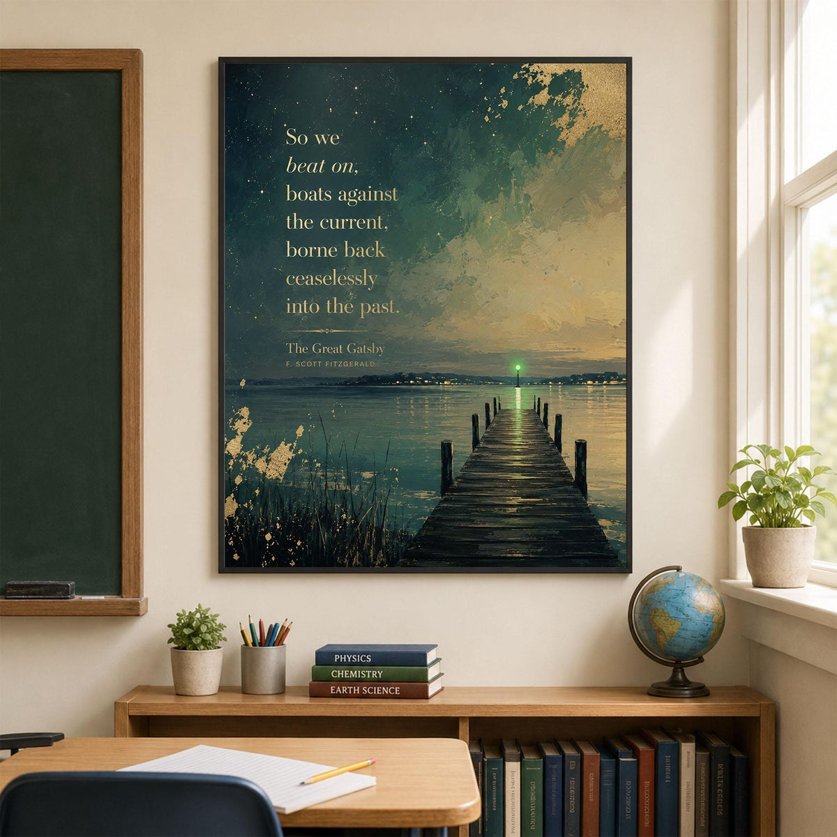 So We Beat On Art Print | Great Gatsby Quote | Green Light At The End Of Daisy's Dock | F. Scott Fitzgerald | Literary Home Decor | Poster